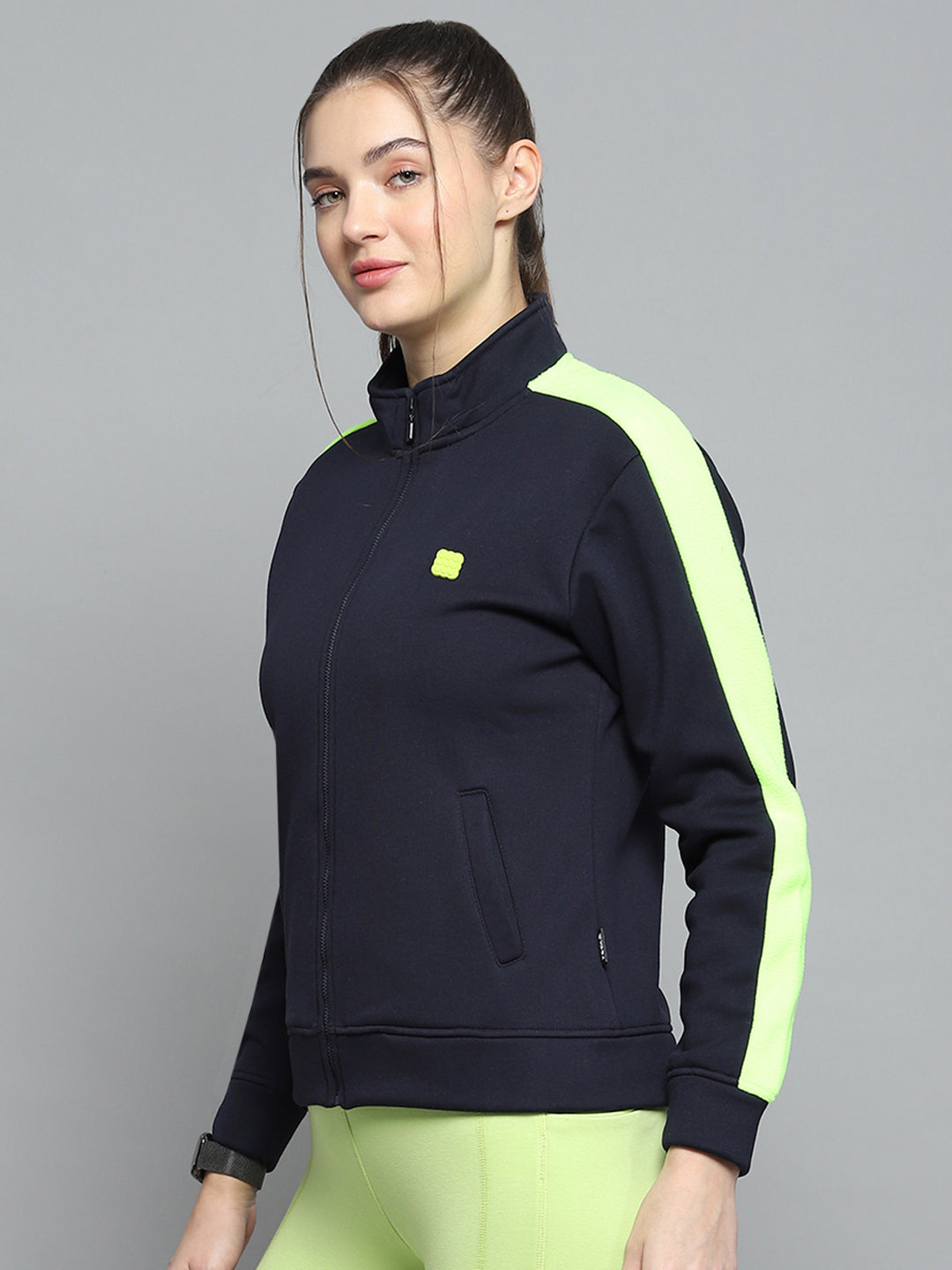 Rock.it Women Navy Blue Solid Mock Neck Full Sleeve Sweatshirt