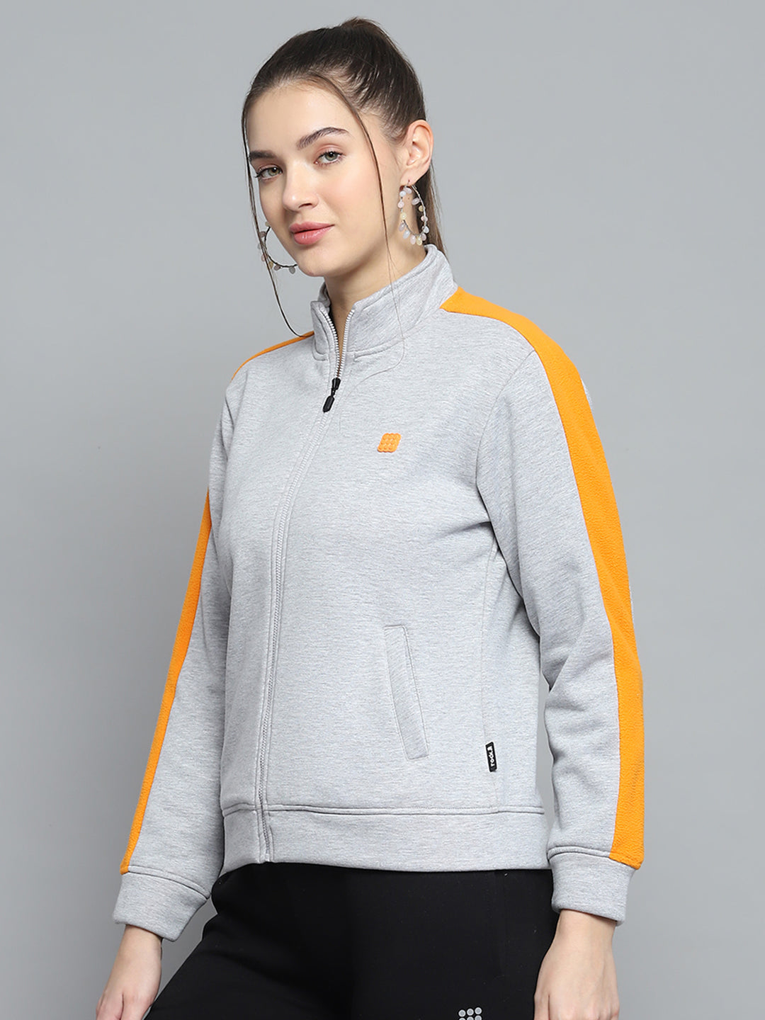 Rock.it Women Grey Solid Mock Neck Full Sleeve Sweatshirt