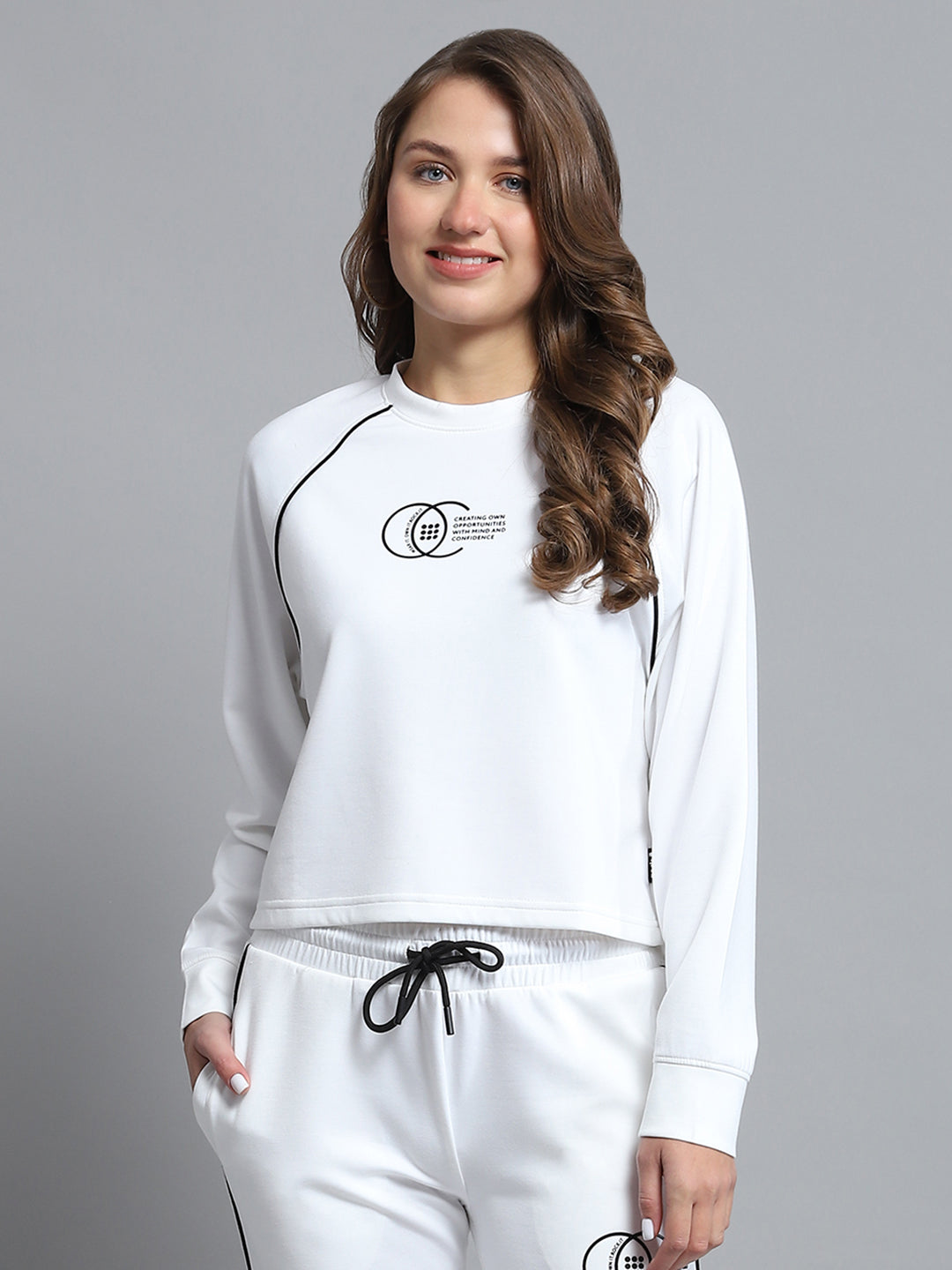 Rock.it Women White Self Design Round Neck Full Sleeve Sweatshirt