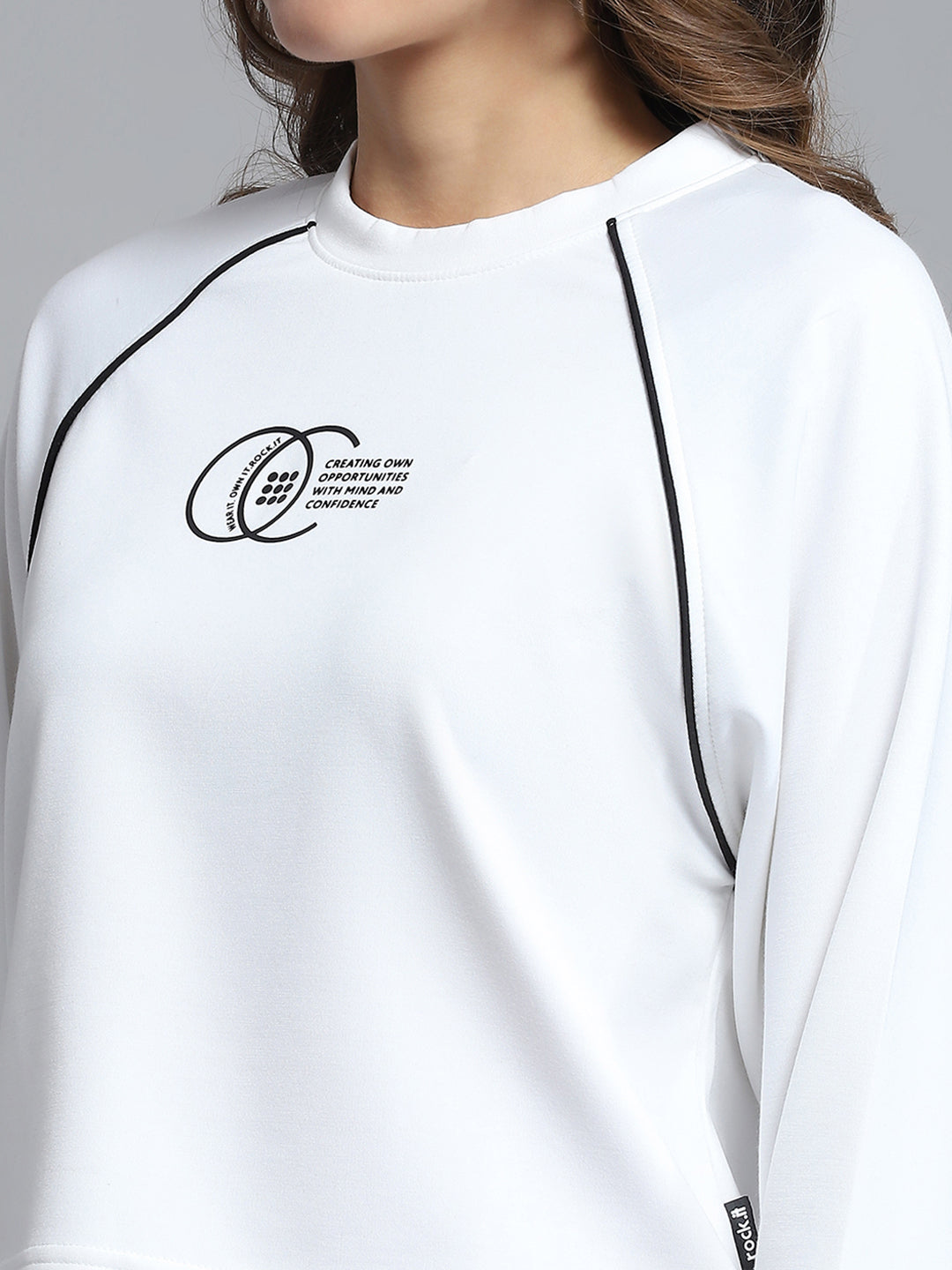 Rock.it Women White Self Design Round Neck Full Sleeve Sweatshirt