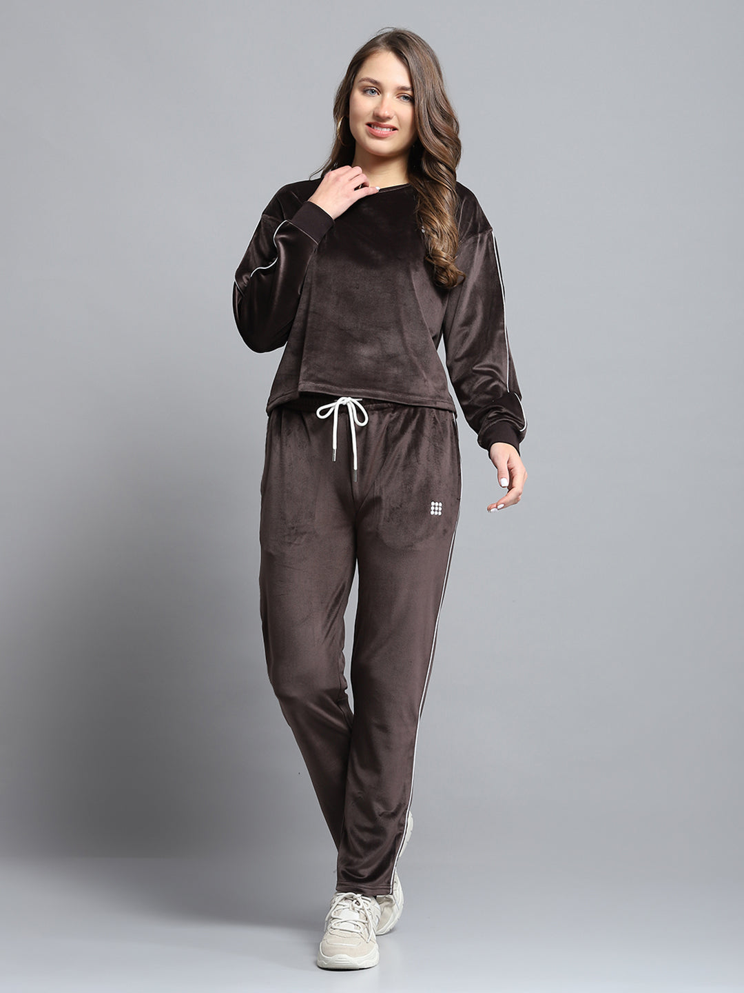 Rock.it Women Brown Solid Round Neck Full Sleeve Tracksuit