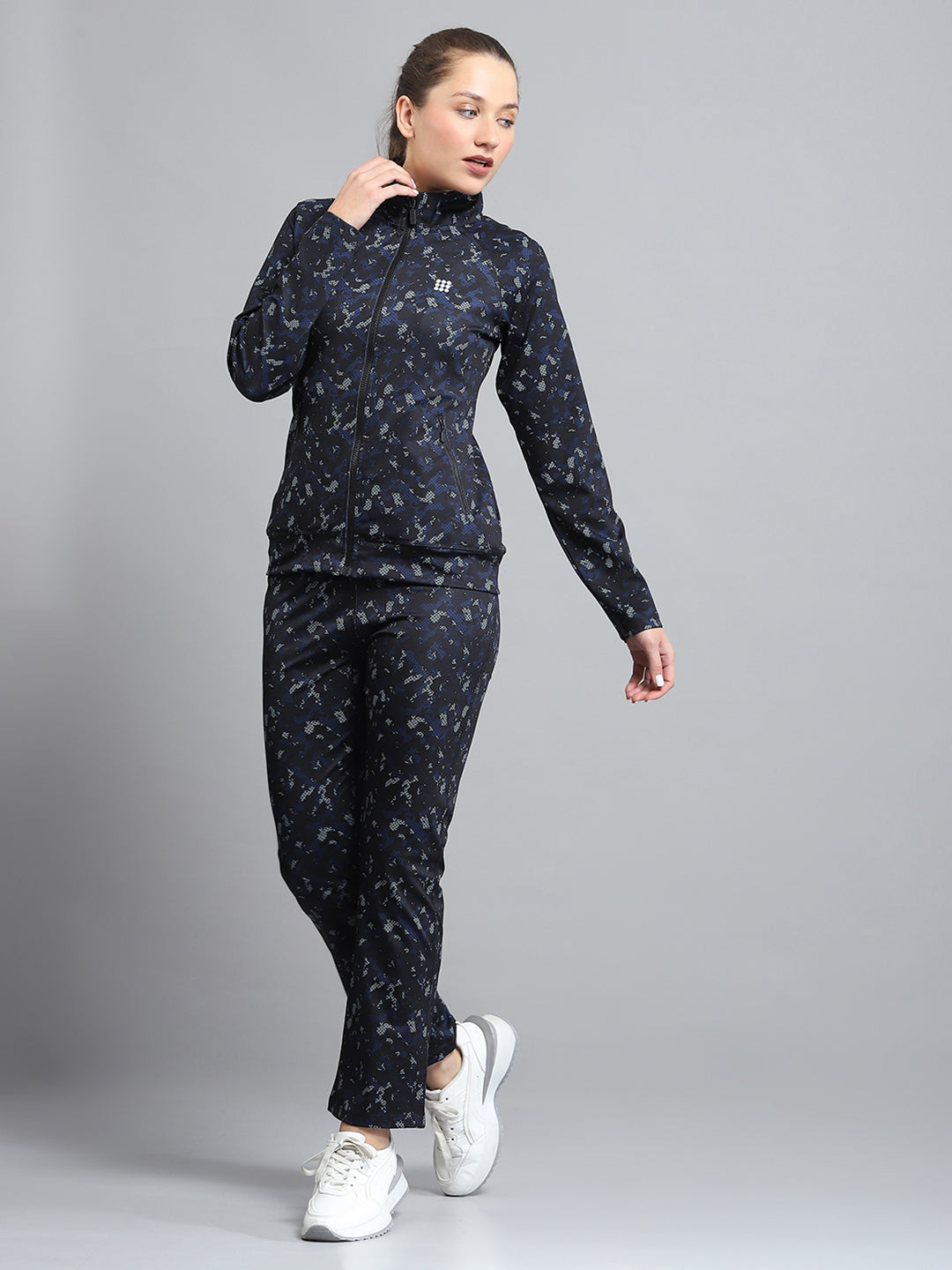 Rock.it Women Black Printed Mock Neck Full Sleeve Tracksuit