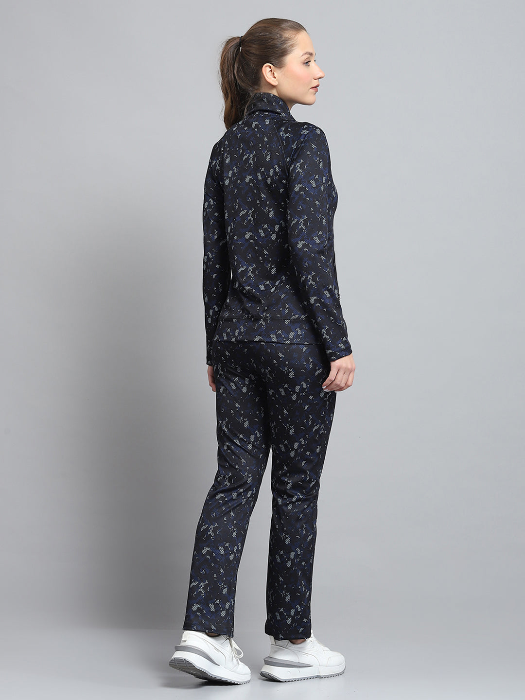 Rock.it Women Black Printed Mock Neck Full Sleeve Tracksuit