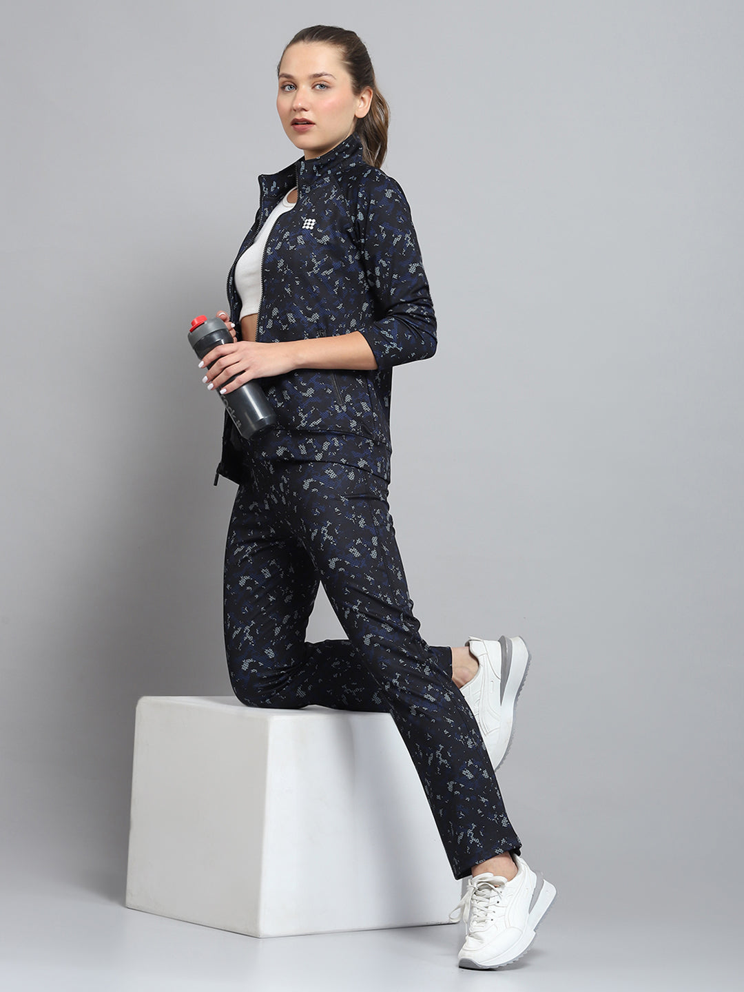 Rock.it Women Black Printed Mock Neck Full Sleeve Tracksuit