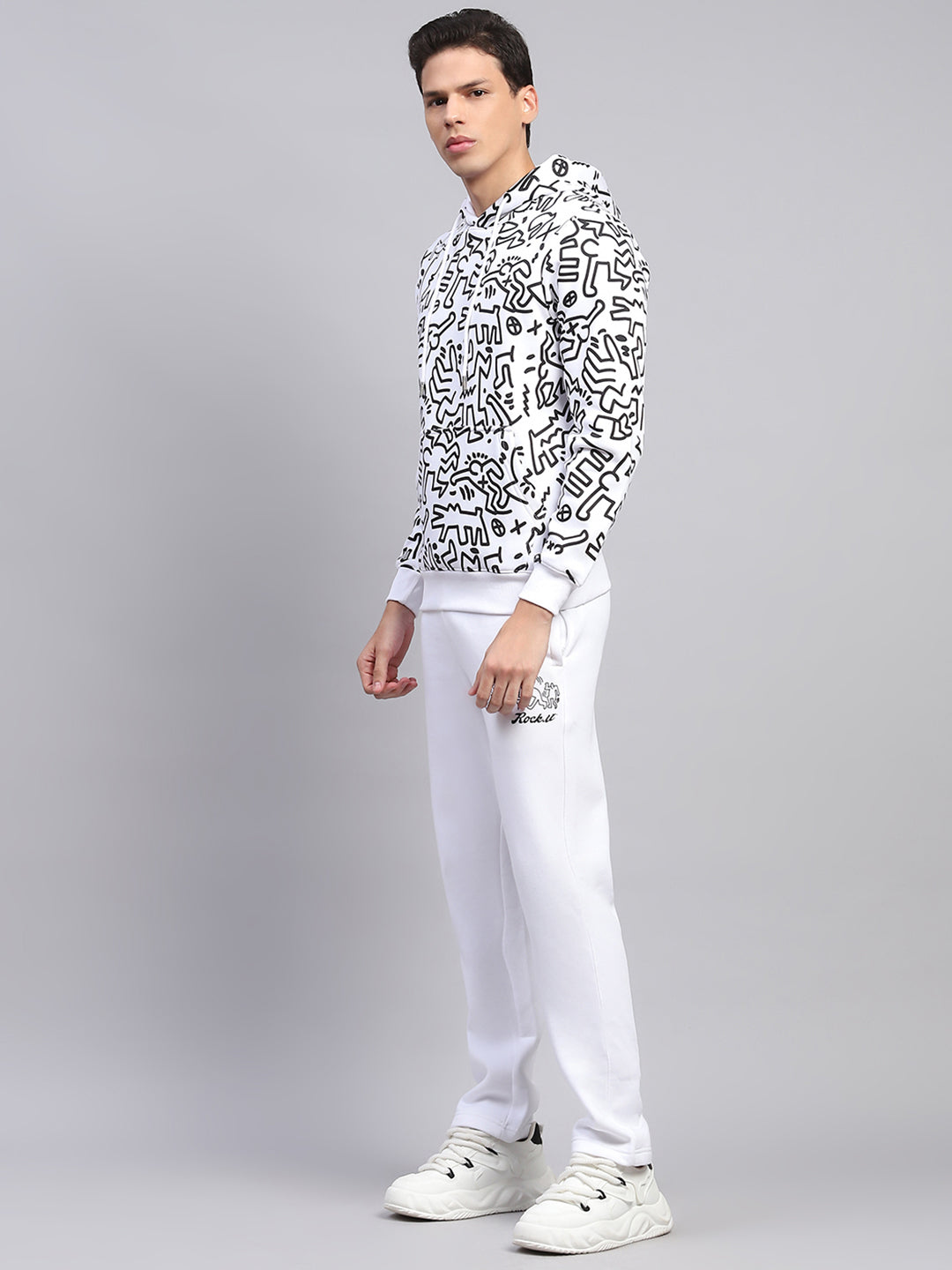 Rock.it Men White Printed Hooded Full Sleeve Winter Tracksuit