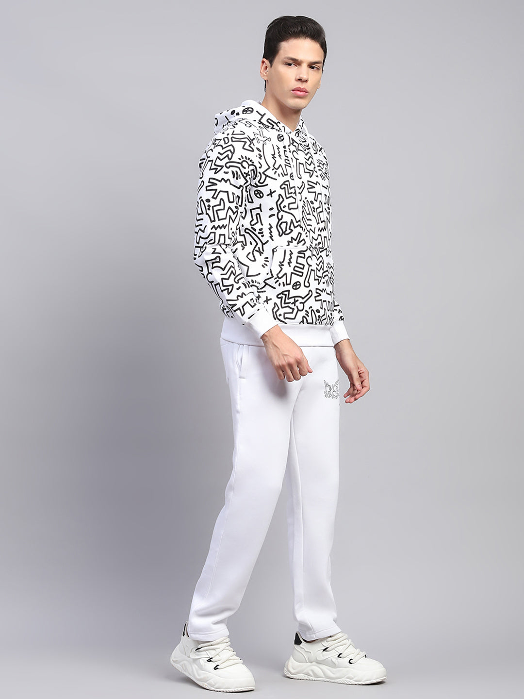 Rock.it Men White Printed Hooded Full Sleeve Winter Tracksuit