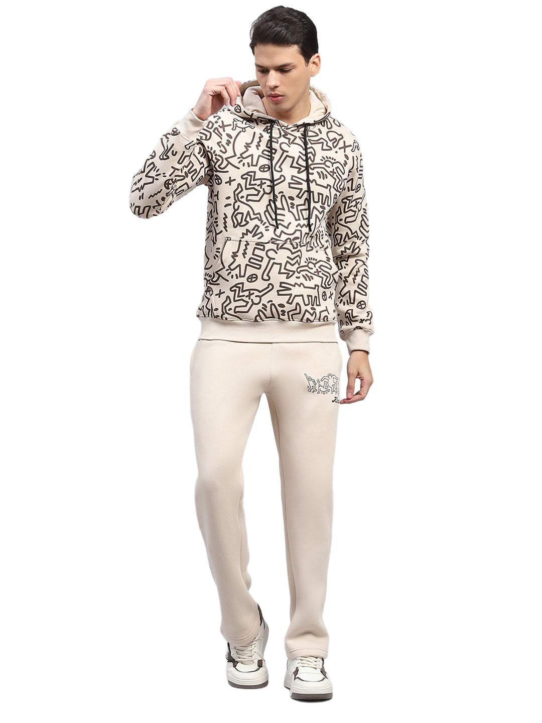Rock.it Men Beige Printed Hooded Full Sleeve Winter Tracksuit
