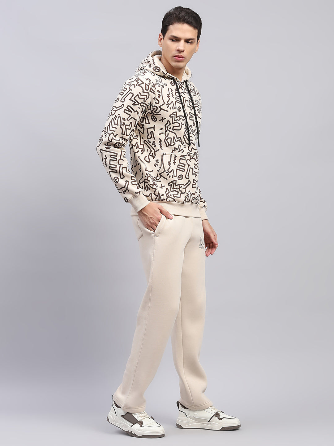 Rock.it Men Beige Printed Hooded Full Sleeve Winter Tracksuit