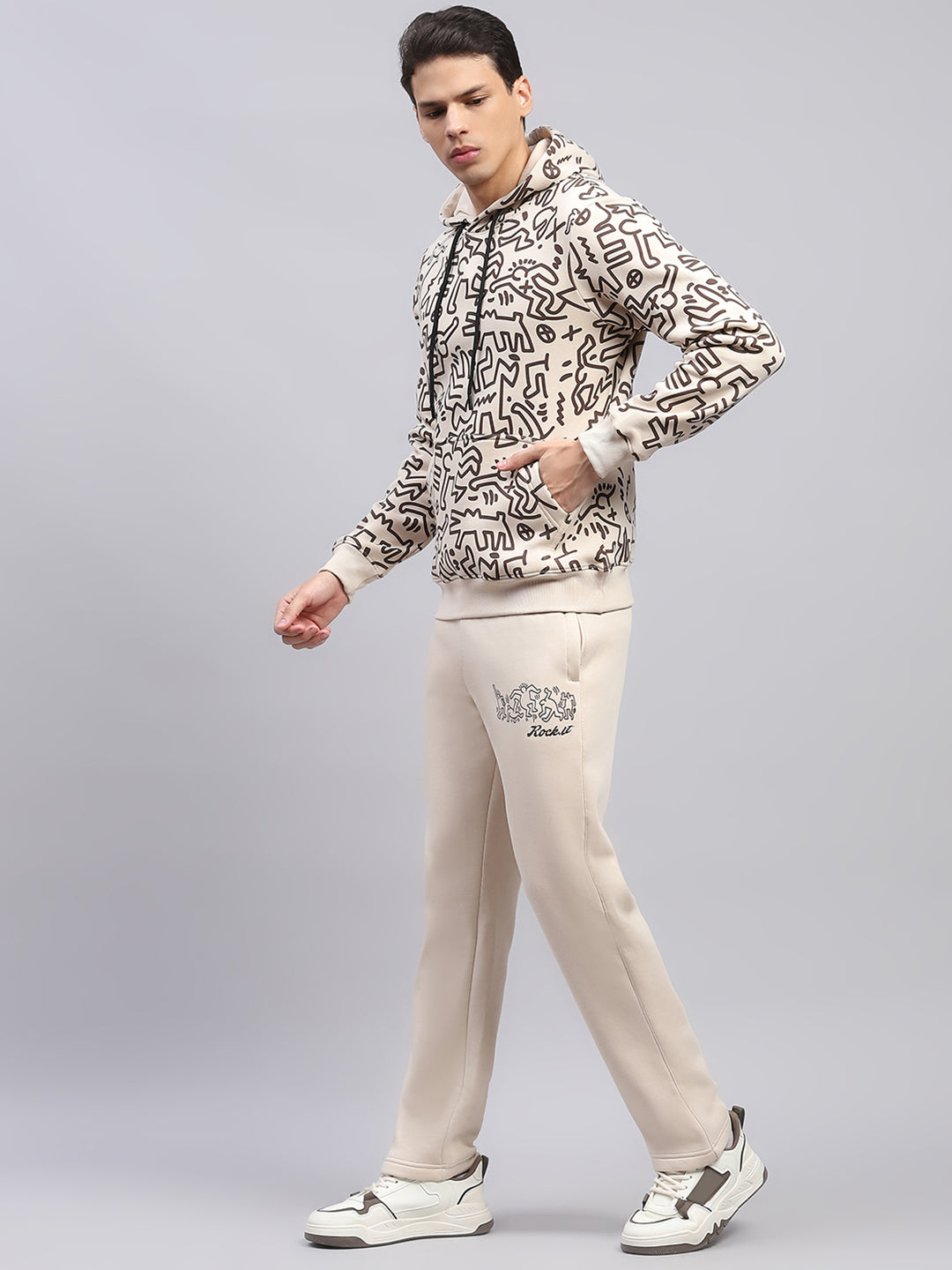 Rock.it Men Beige Printed Hooded Full Sleeve Winter Tracksuit