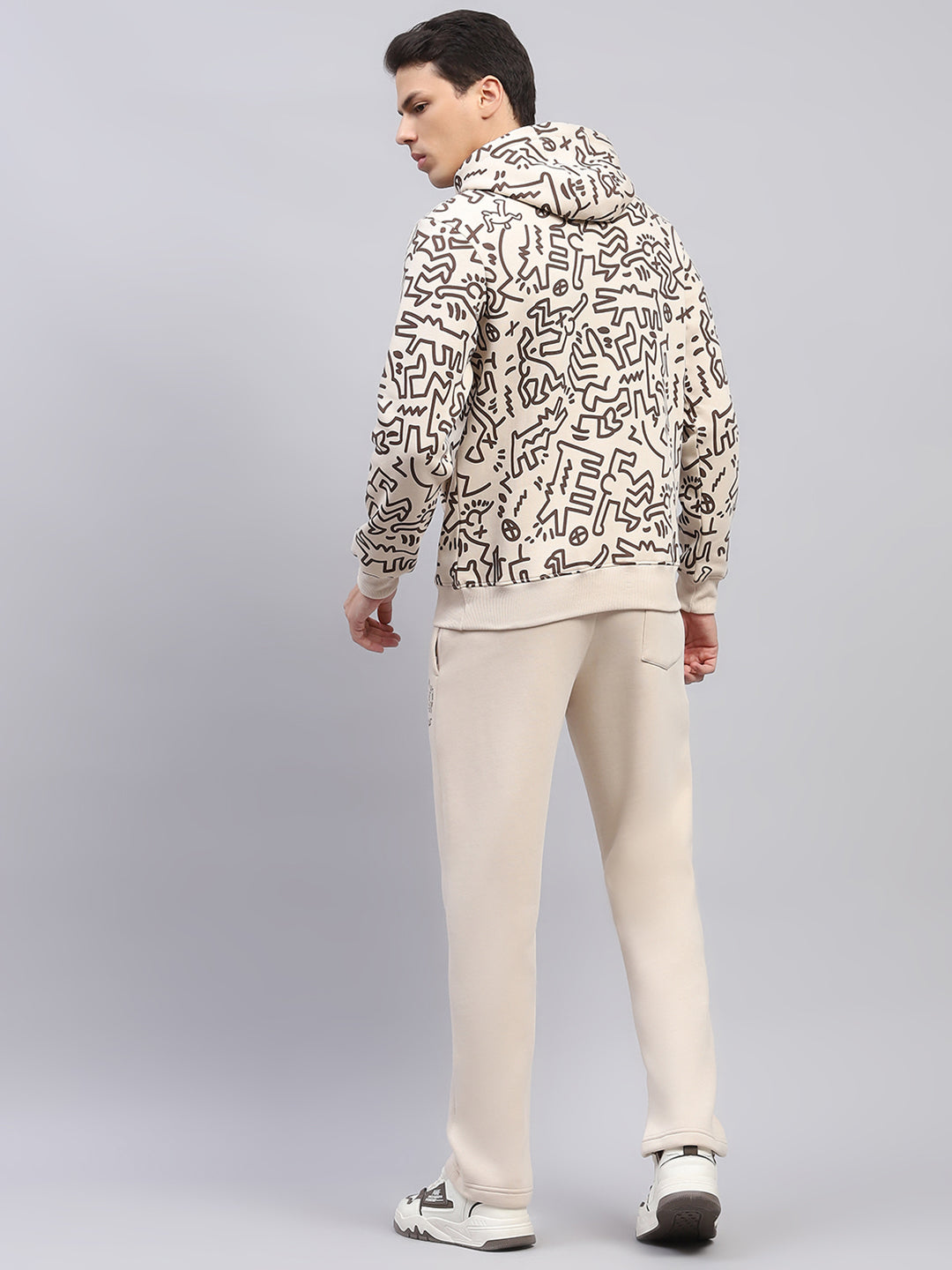 Rock.it Men Beige Printed Hooded Full Sleeve Winter Tracksuit