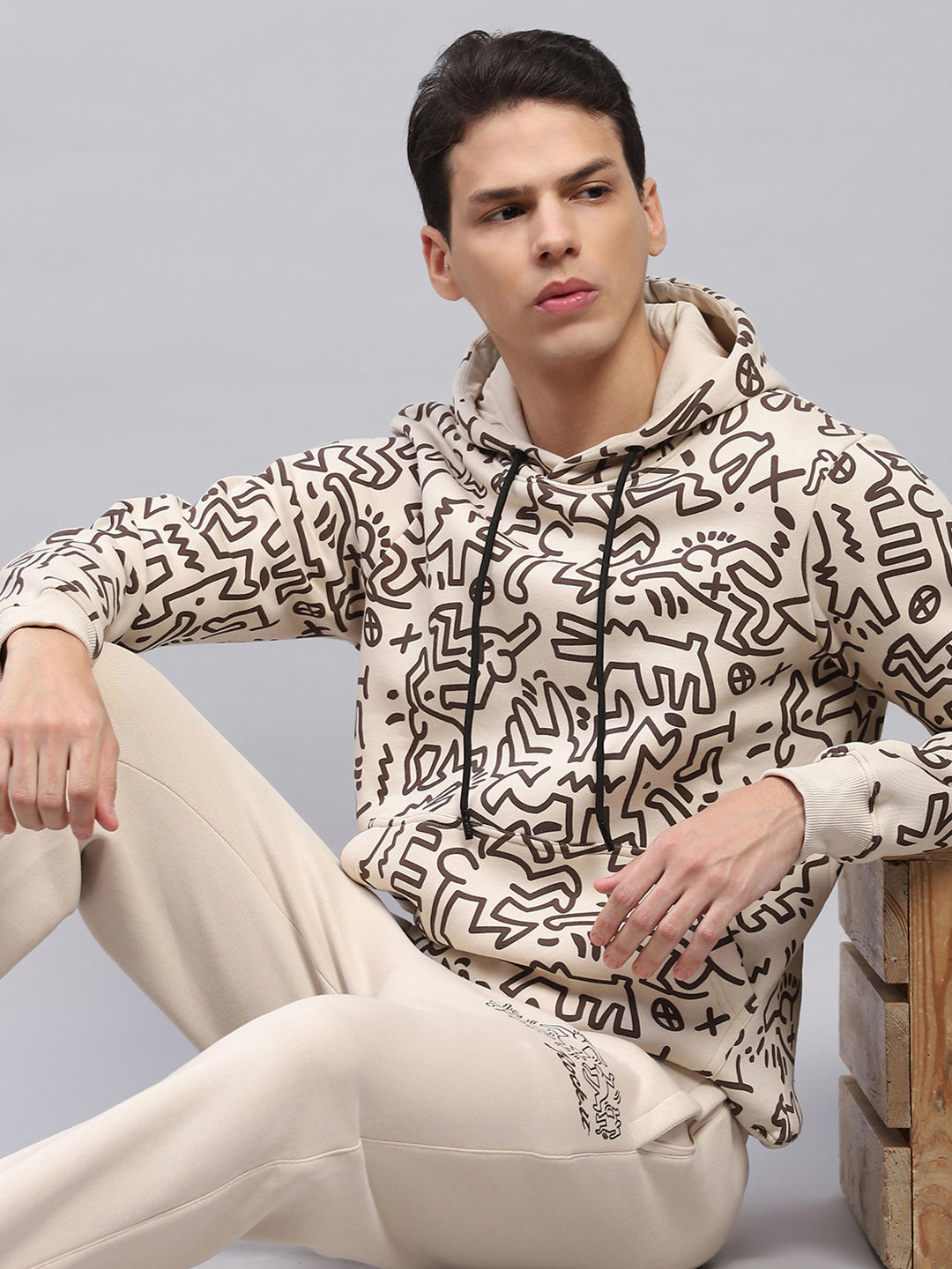 Rock.it Men Beige Printed Hooded Full Sleeve Winter Tracksuit