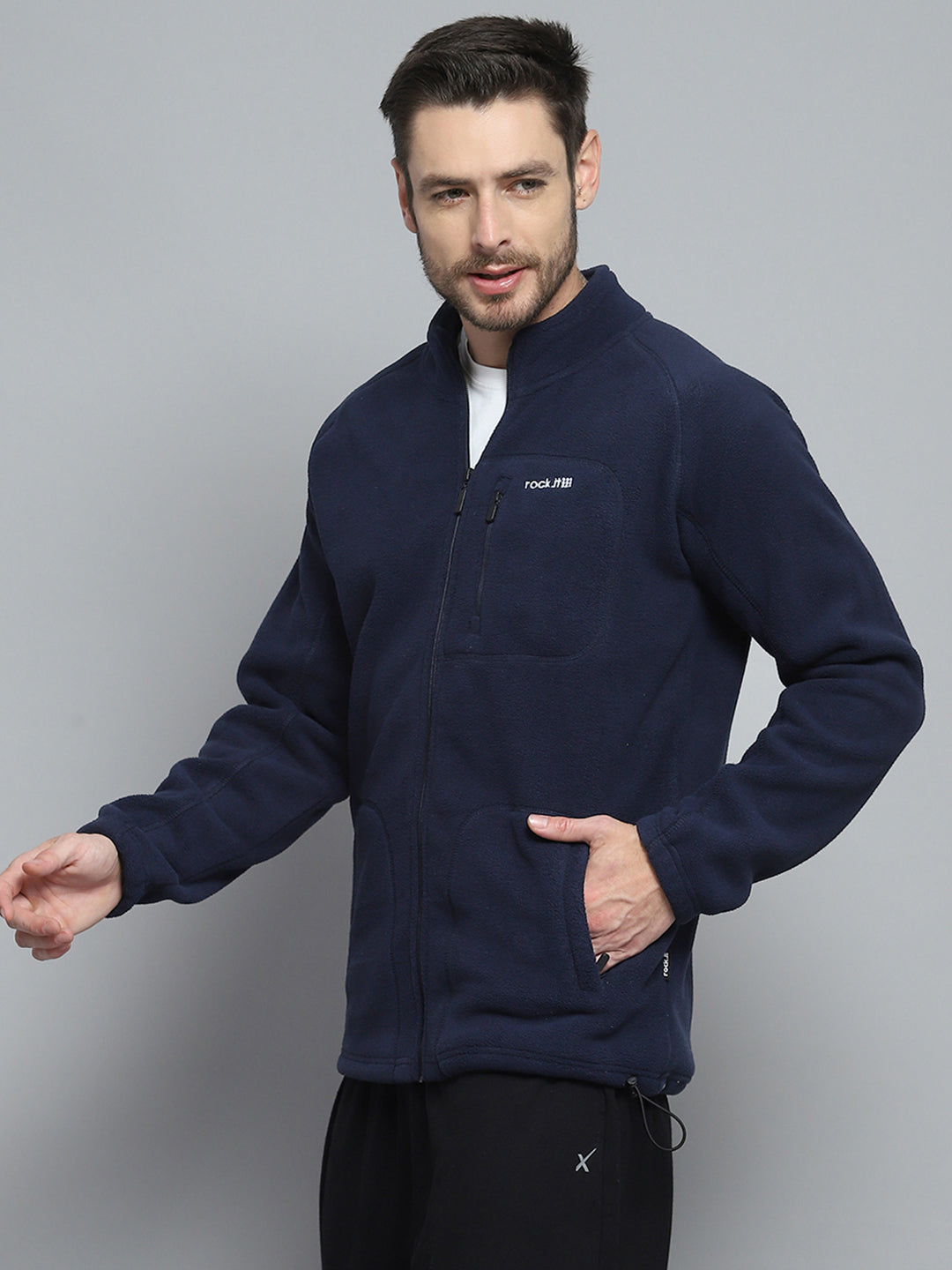 Rock.it Men Navy Blue Solid Mock Neck Full Sleeve Sweatshirt