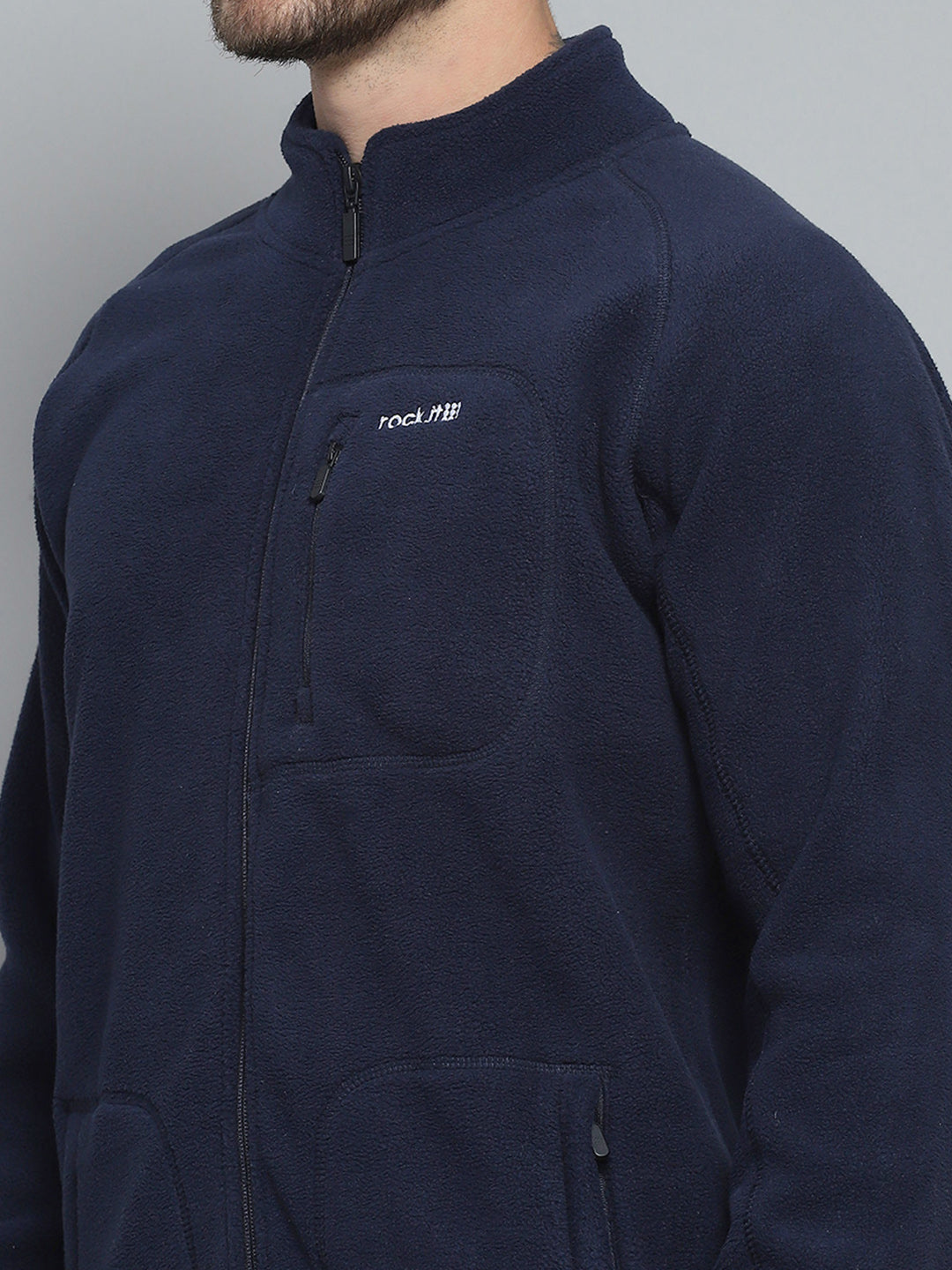 Rock.it Men Navy Blue Solid Mock Neck Full Sleeve Sweatshirt