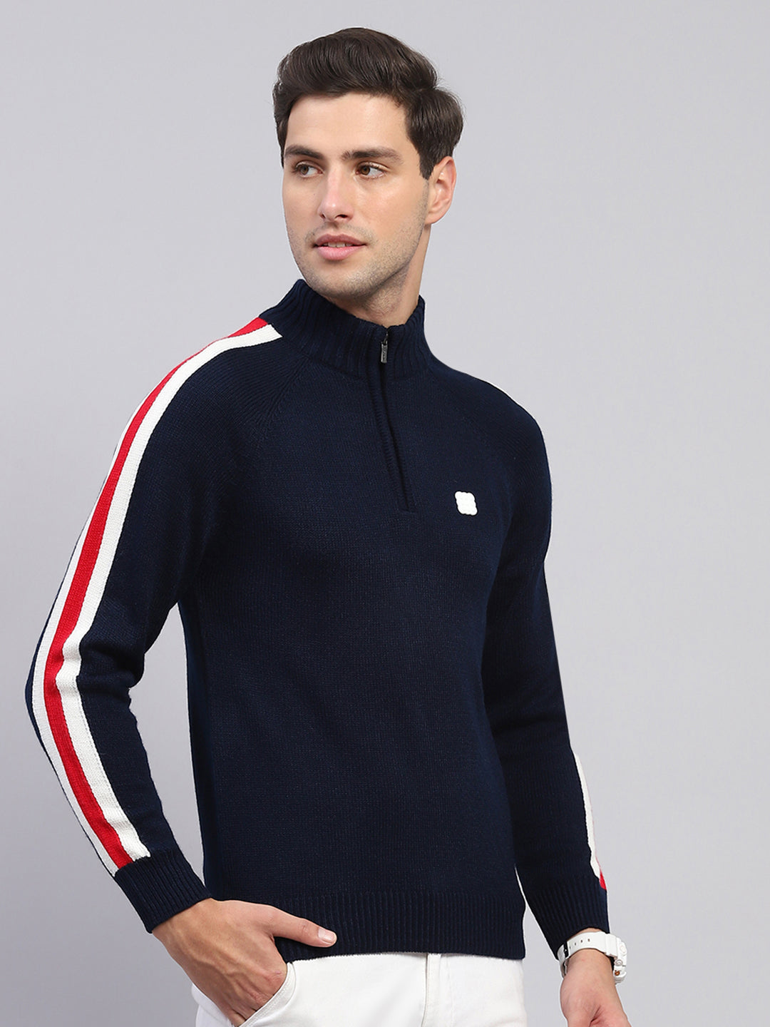 Rock.it Men Navy Blue Solid Mock Neck Full Sleeve Pullover