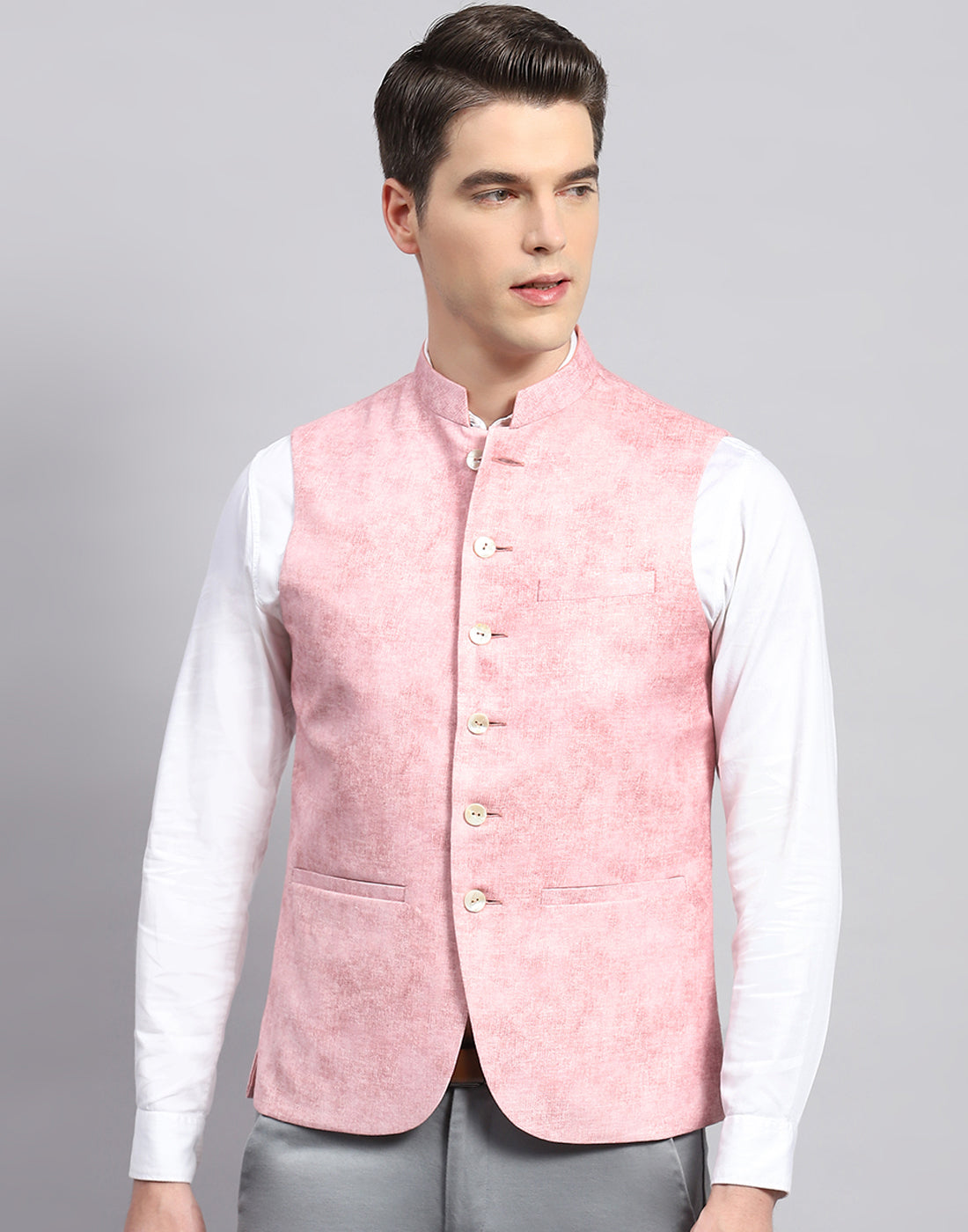 Men Pink Self Design Mandarin Collar Sleeveless Nehru Jacket