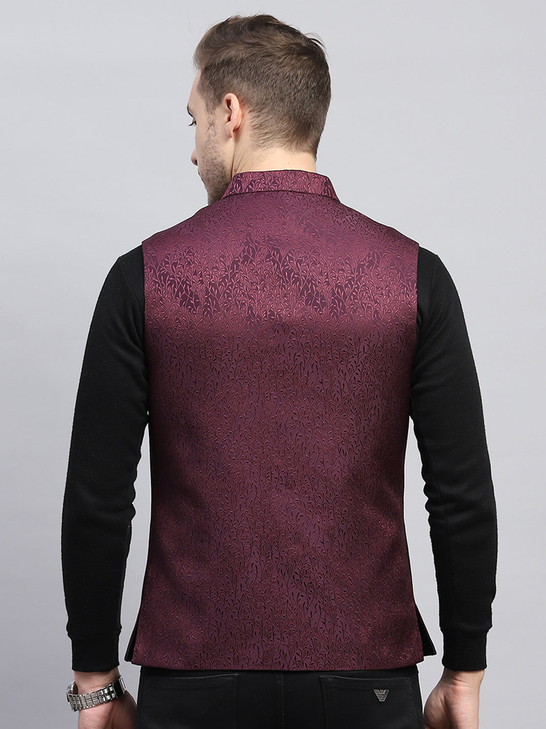 Men Purple Self Design Band Collar Sleeveless Coat