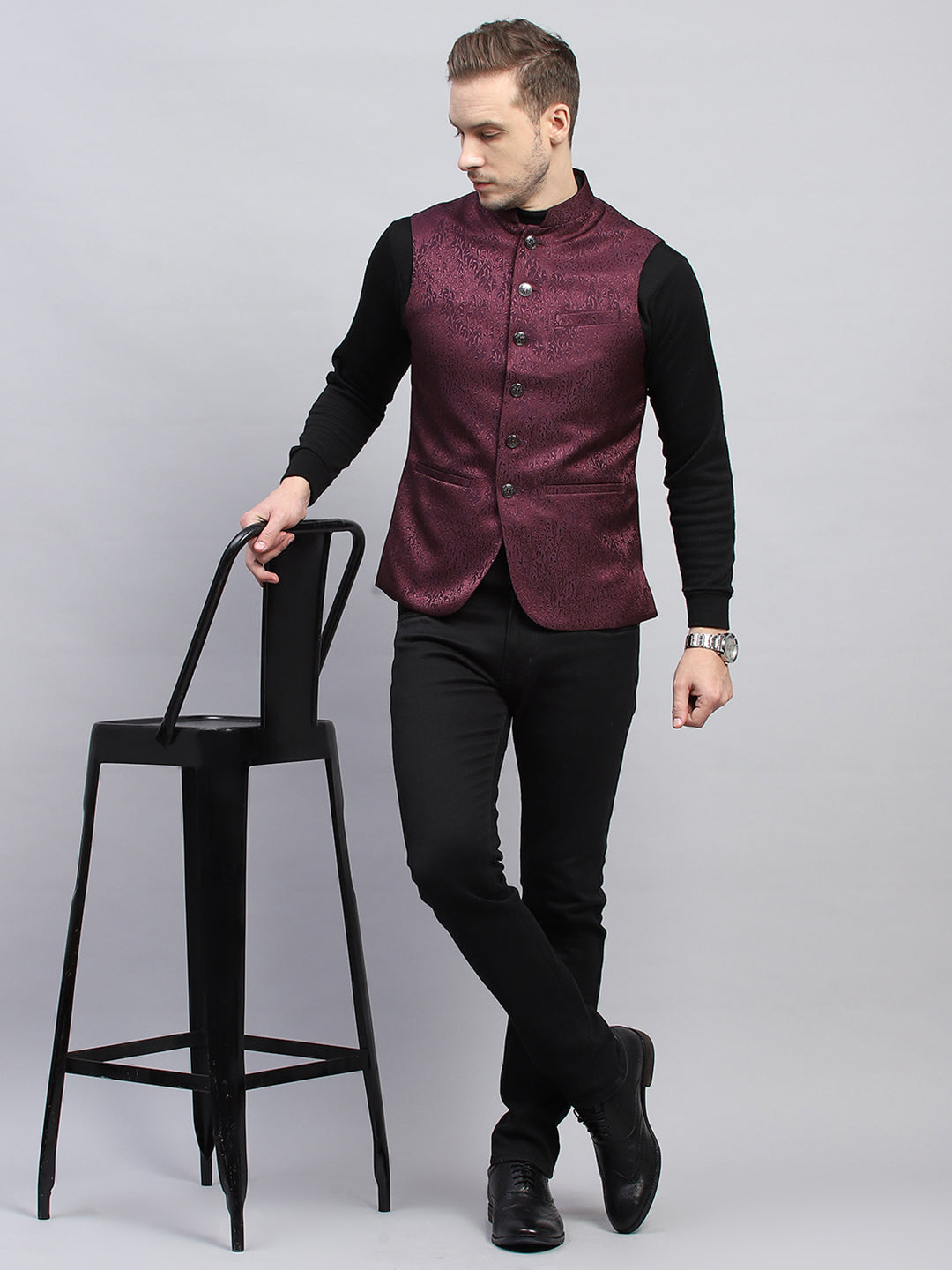 Men Purple Self Design Band Collar Sleeveless Coat