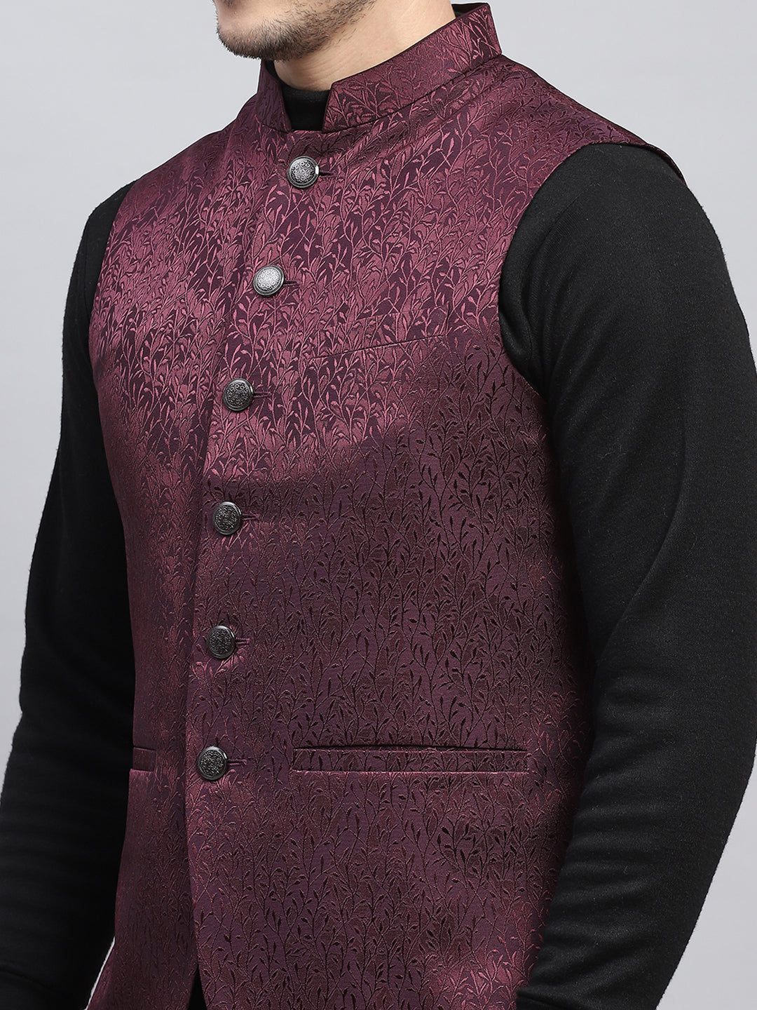 Men Purple Self Design Band Collar Sleeveless Coat