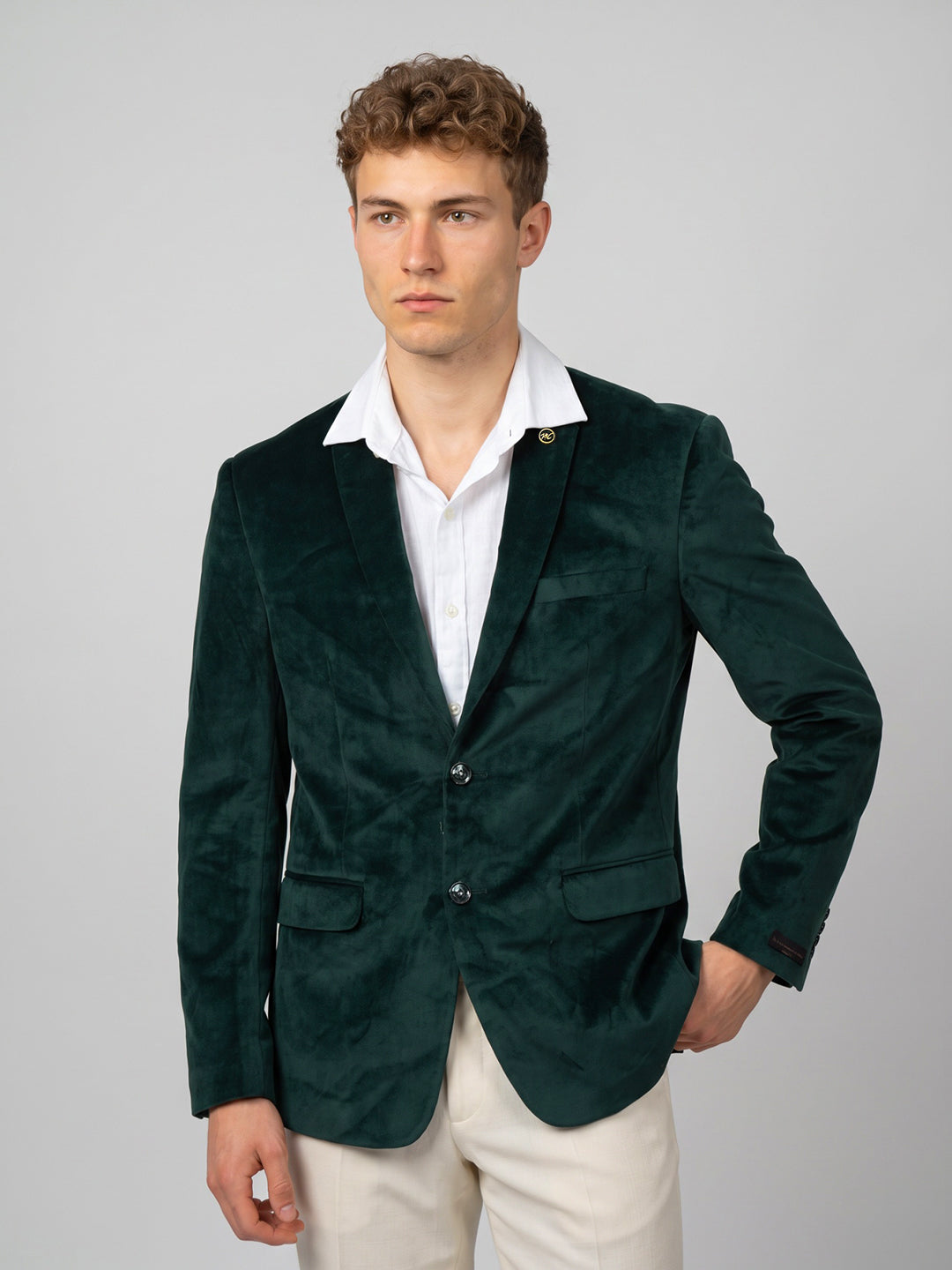 Men Green Solid Lapel Collar Full Sleeve Coat