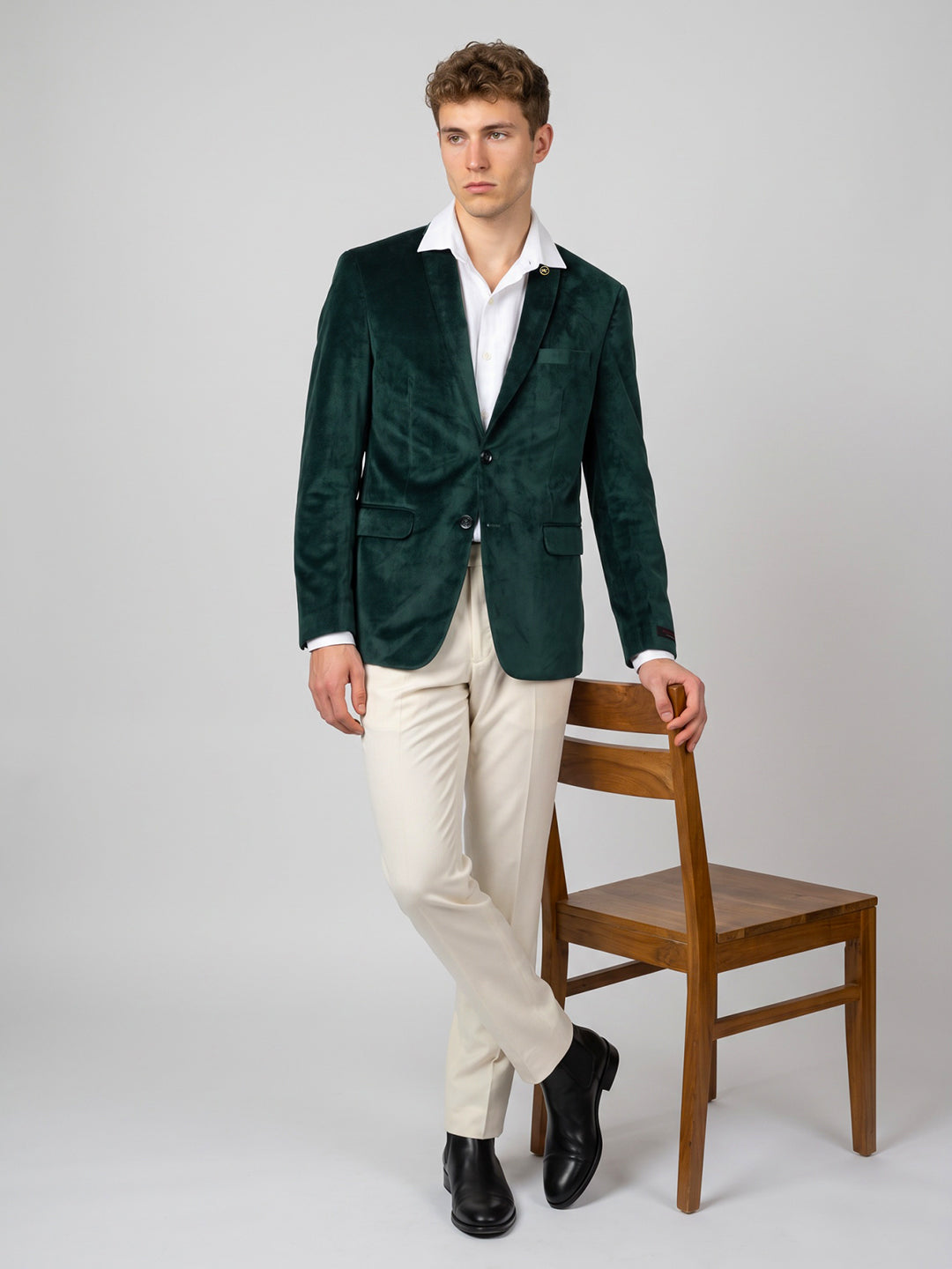 Men Green Solid Lapel Collar Full Sleeve Coat