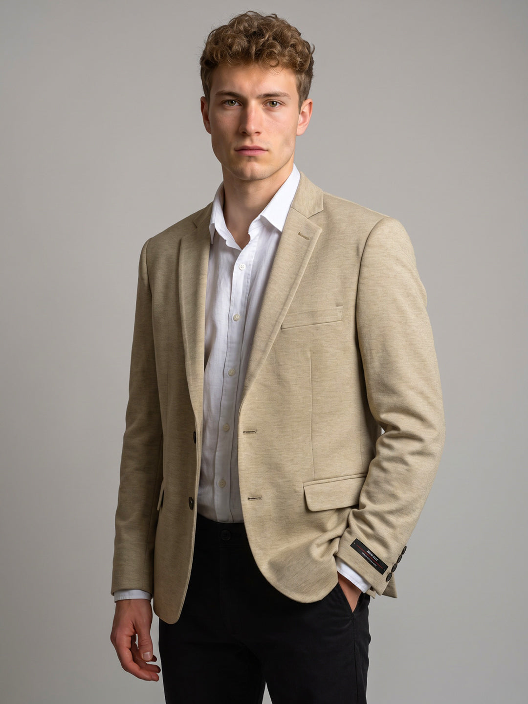 Men Beige Solid Lapel Collar Full Sleeve Coat