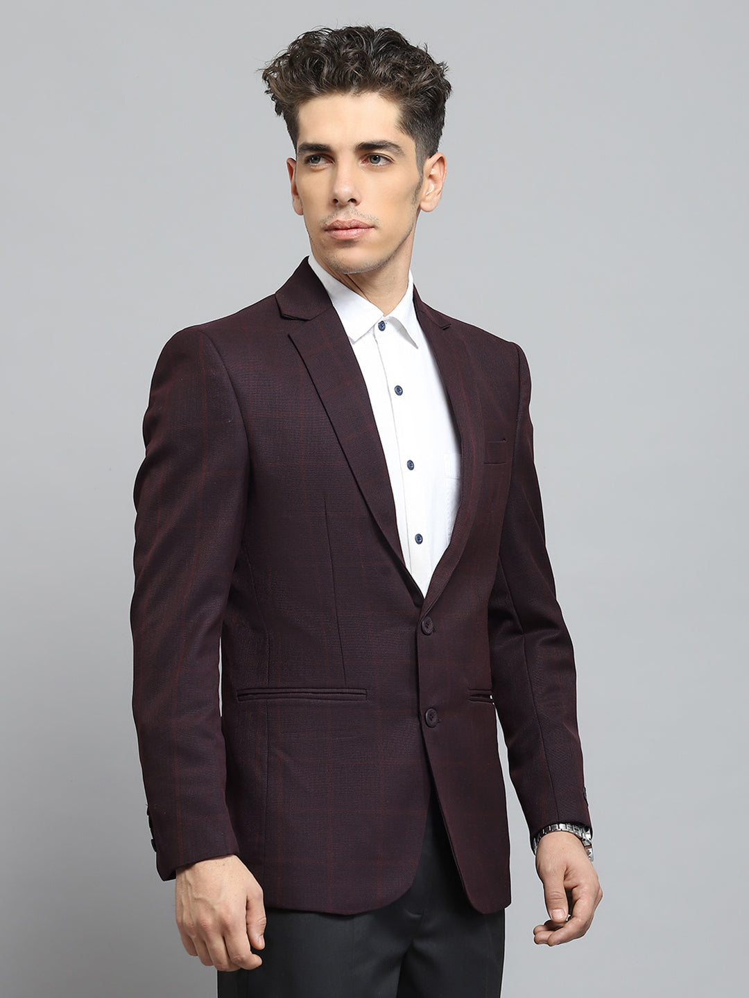Men Maroon Solid Notch Lapel Collar Full Sleeve Blazer