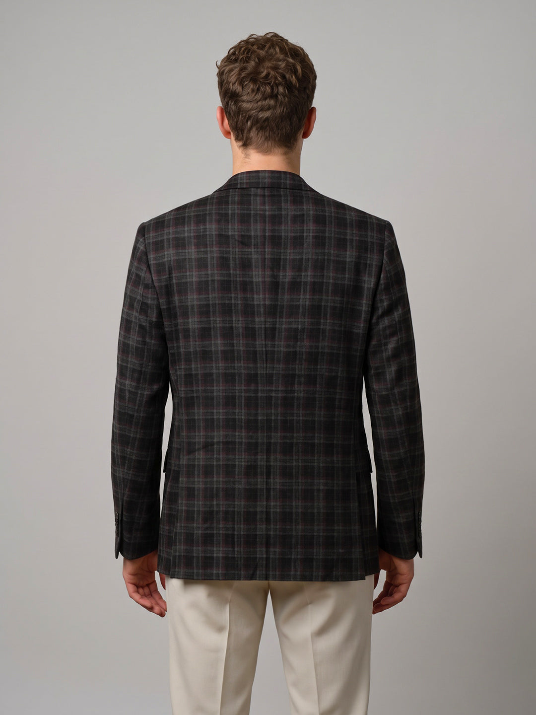 Men Black Check Lapel Collar Full Sleeve Coat