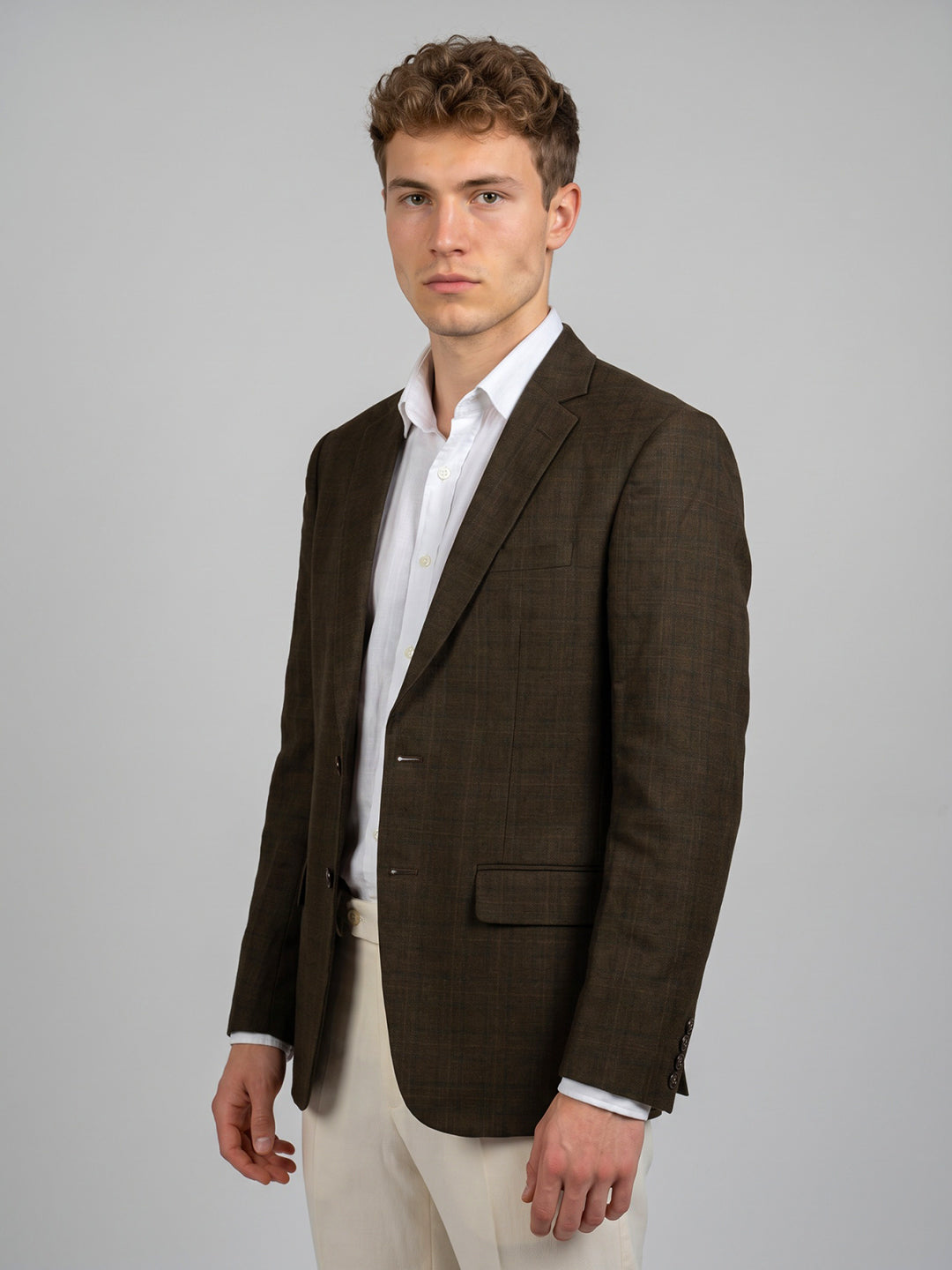 Men Brown Check Lapel Collar Full Sleeve Coat