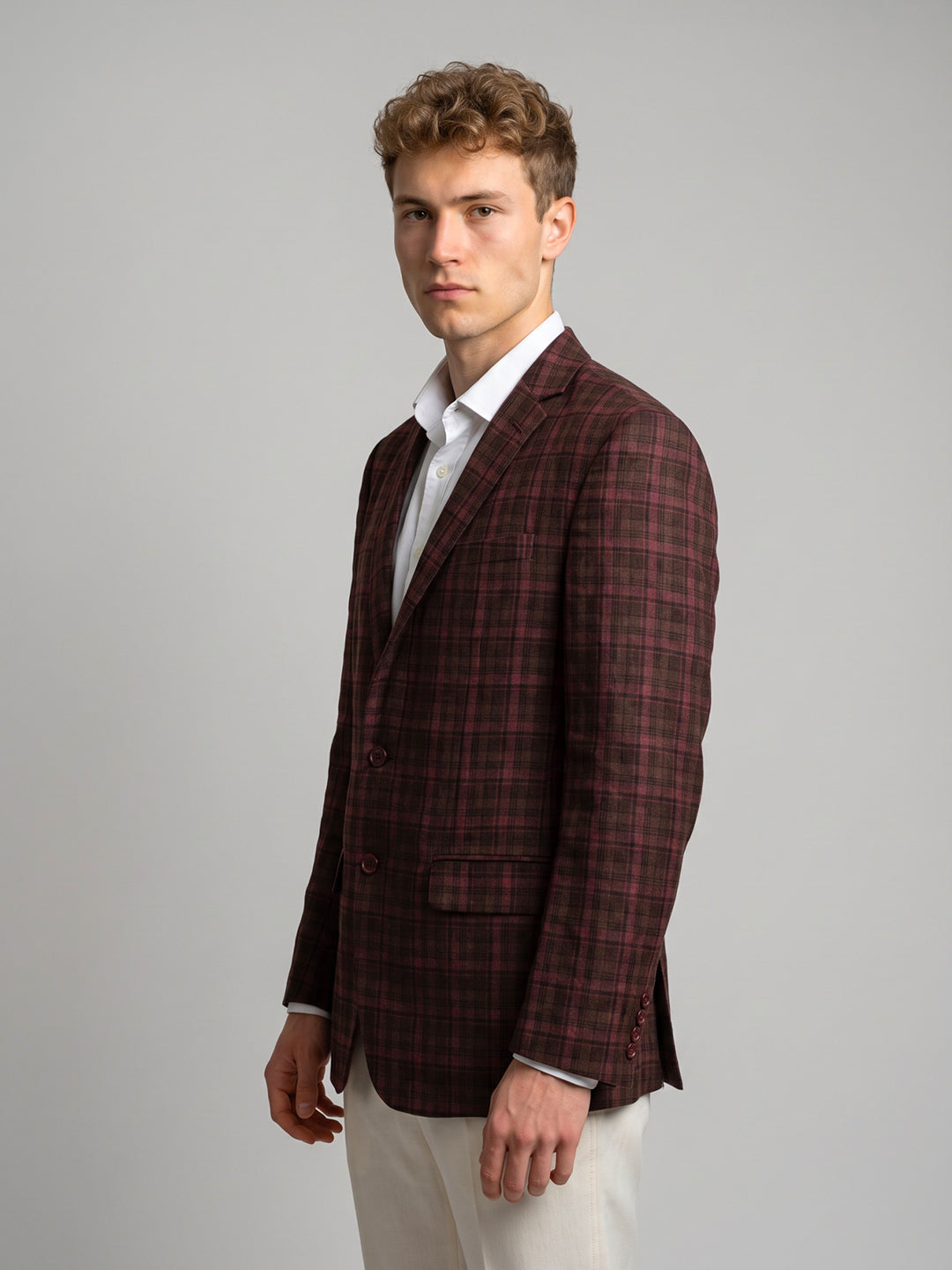 Men Maroon Check Lapel Collar Full Sleeve Coat