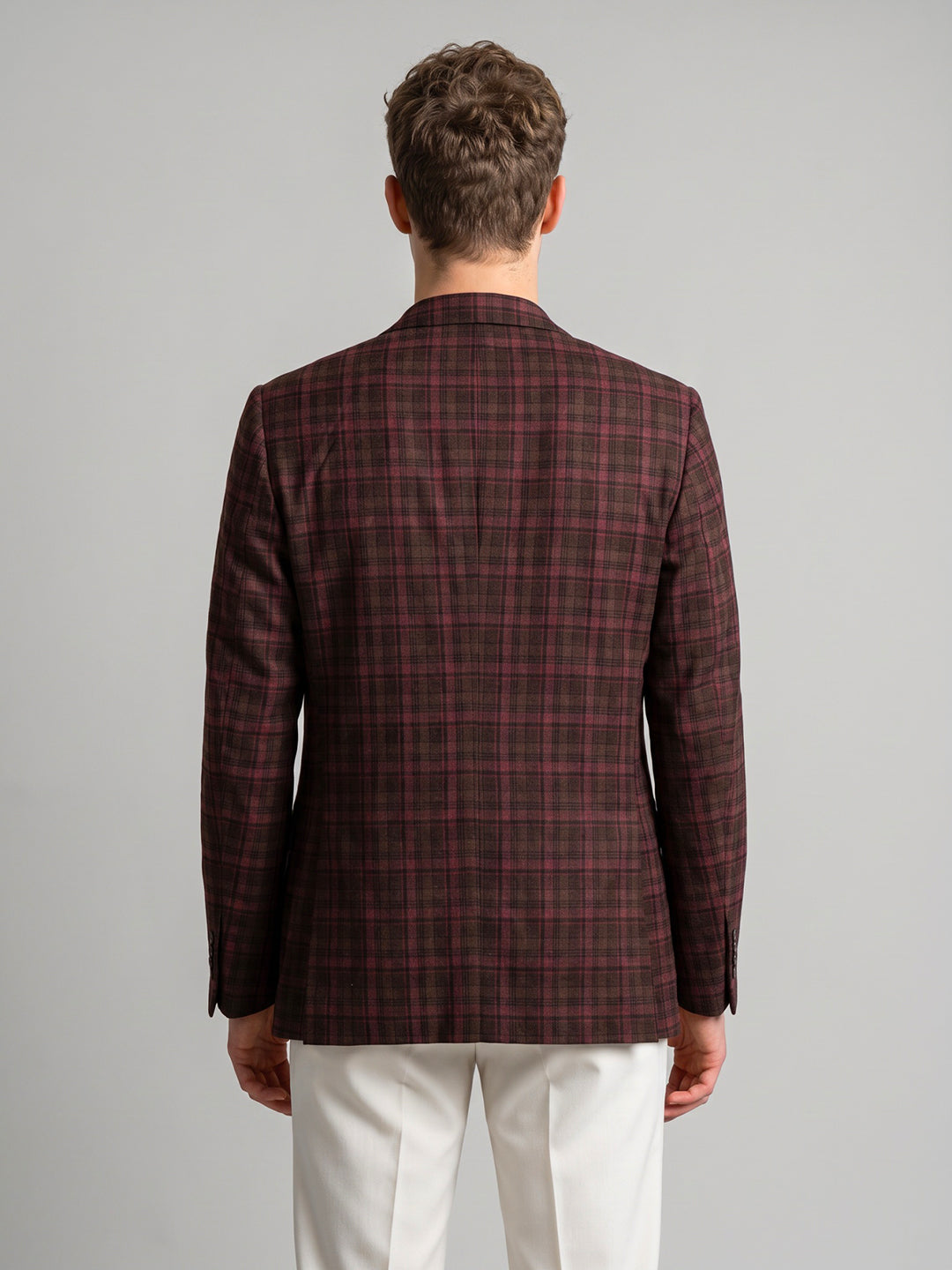 Men Maroon Check Lapel Collar Full Sleeve Coat