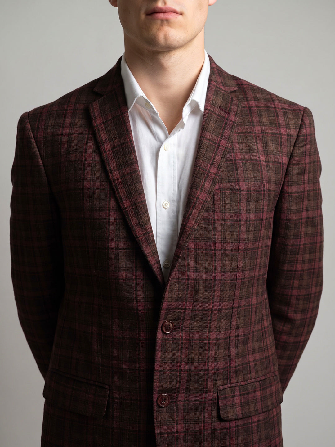 Men Maroon Check Lapel Collar Full Sleeve Coat