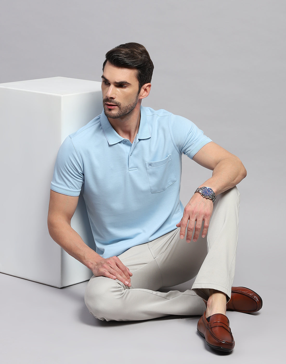Men Sky Blue Solid Polo Collar Half Sleeve T-Shirt
