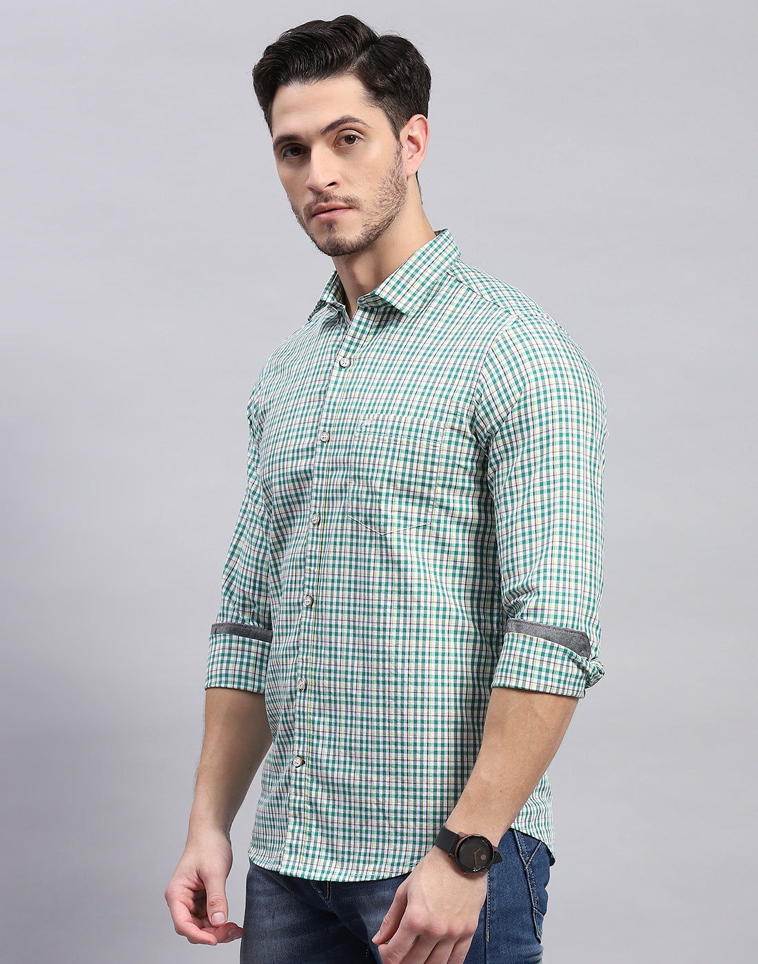 Men Green Check Collar Full Sleeve Shirt