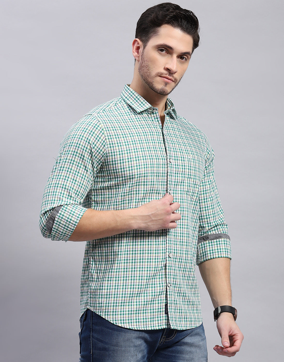 Men Green Check Collar Full Sleeve Shirt