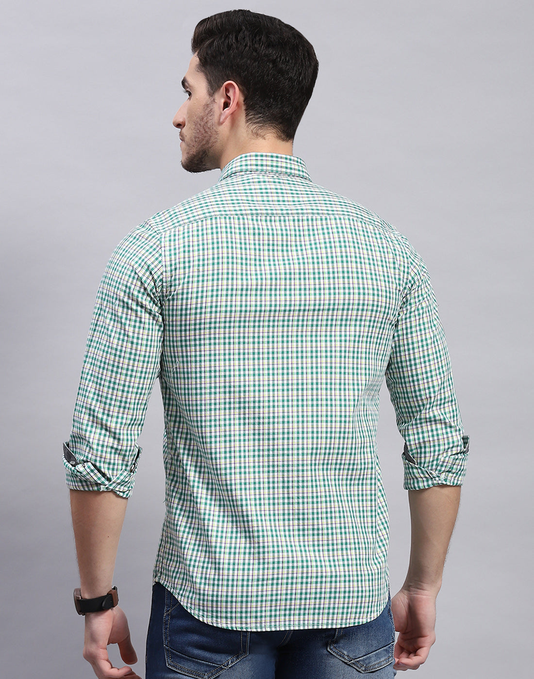 Men Green Check Collar Full Sleeve Shirt