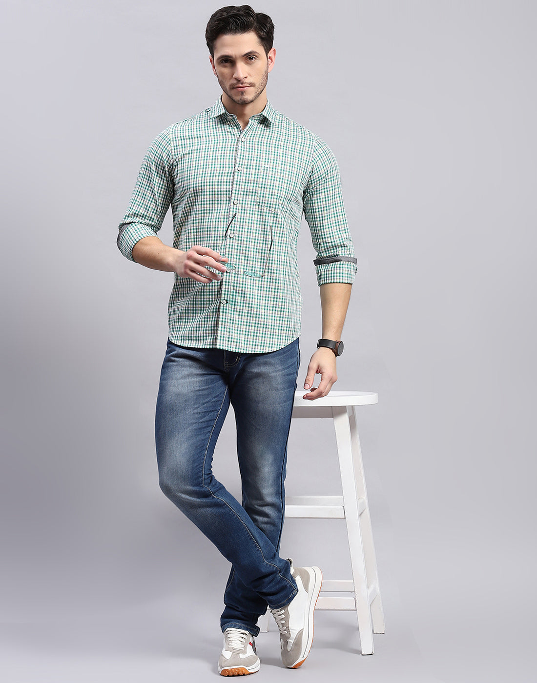 Men Green Check Collar Full Sleeve Shirt