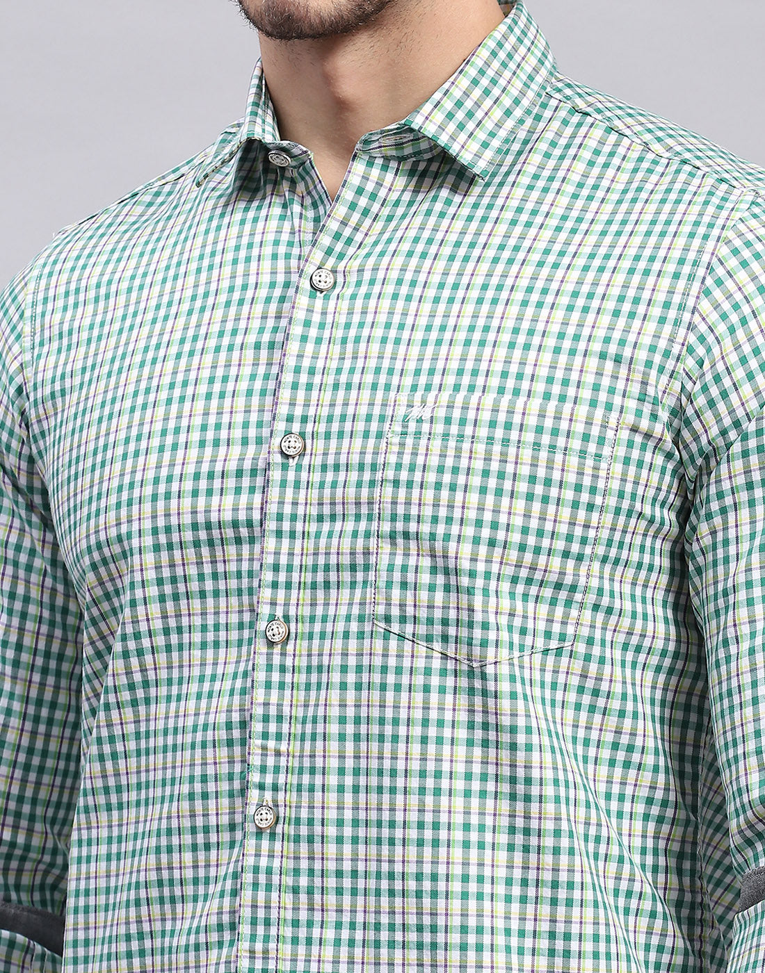 Men Green Check Collar Full Sleeve Shirt