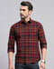 Men Maroon Check Collar Neck Full Sleeve Shirt