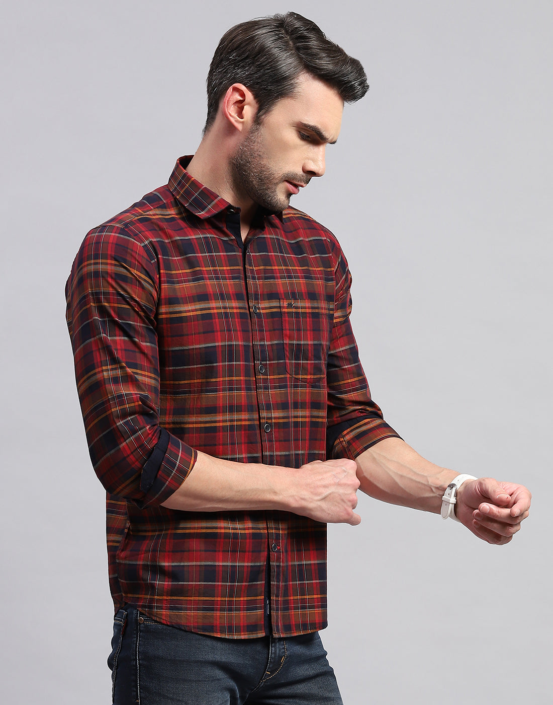 Men Maroon Check Collar Neck Full Sleeve Shirt