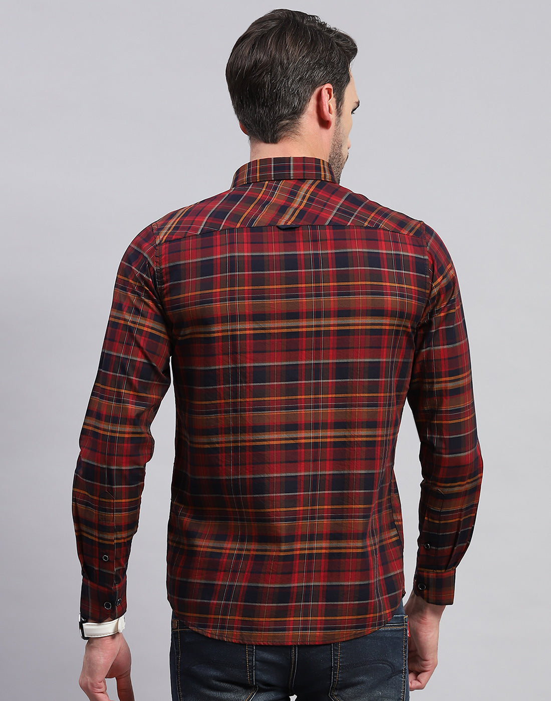Men Maroon Check Collar Neck Full Sleeve Shirt