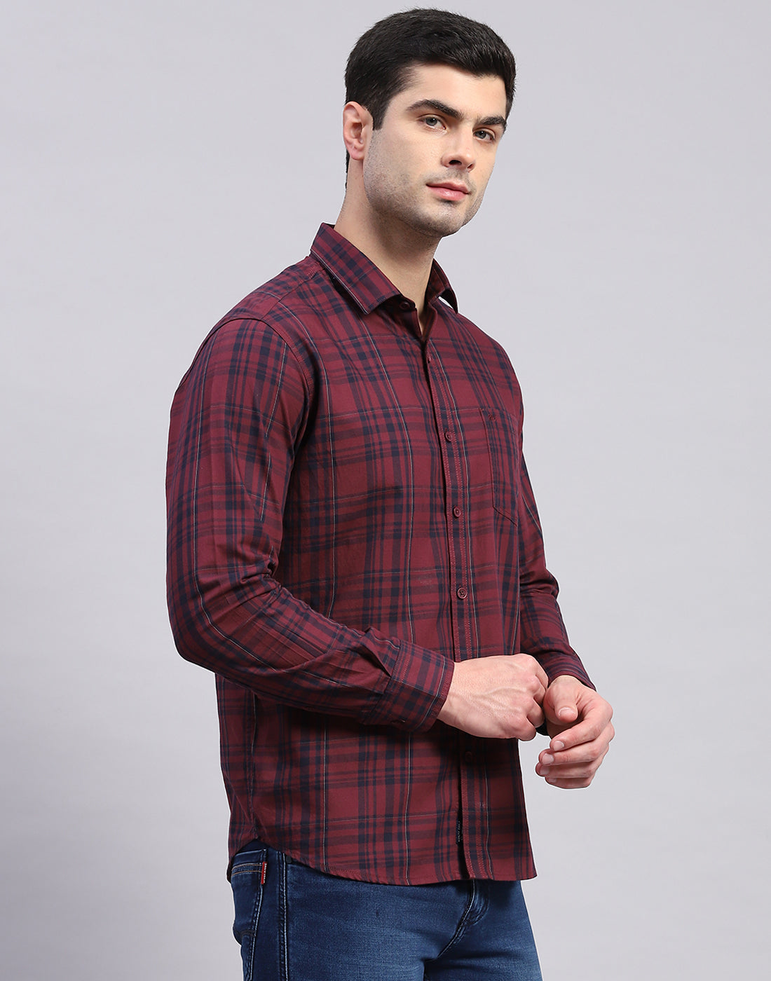 Men Maroon Check Collar Full Sleeve Shirt