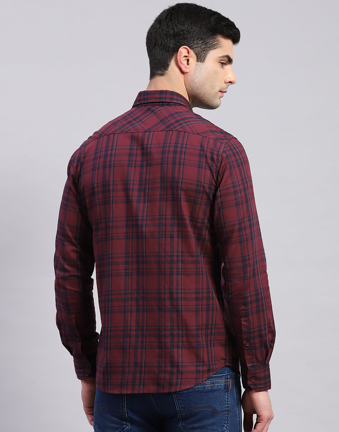 Men Maroon Check Collar Full Sleeve Shirt