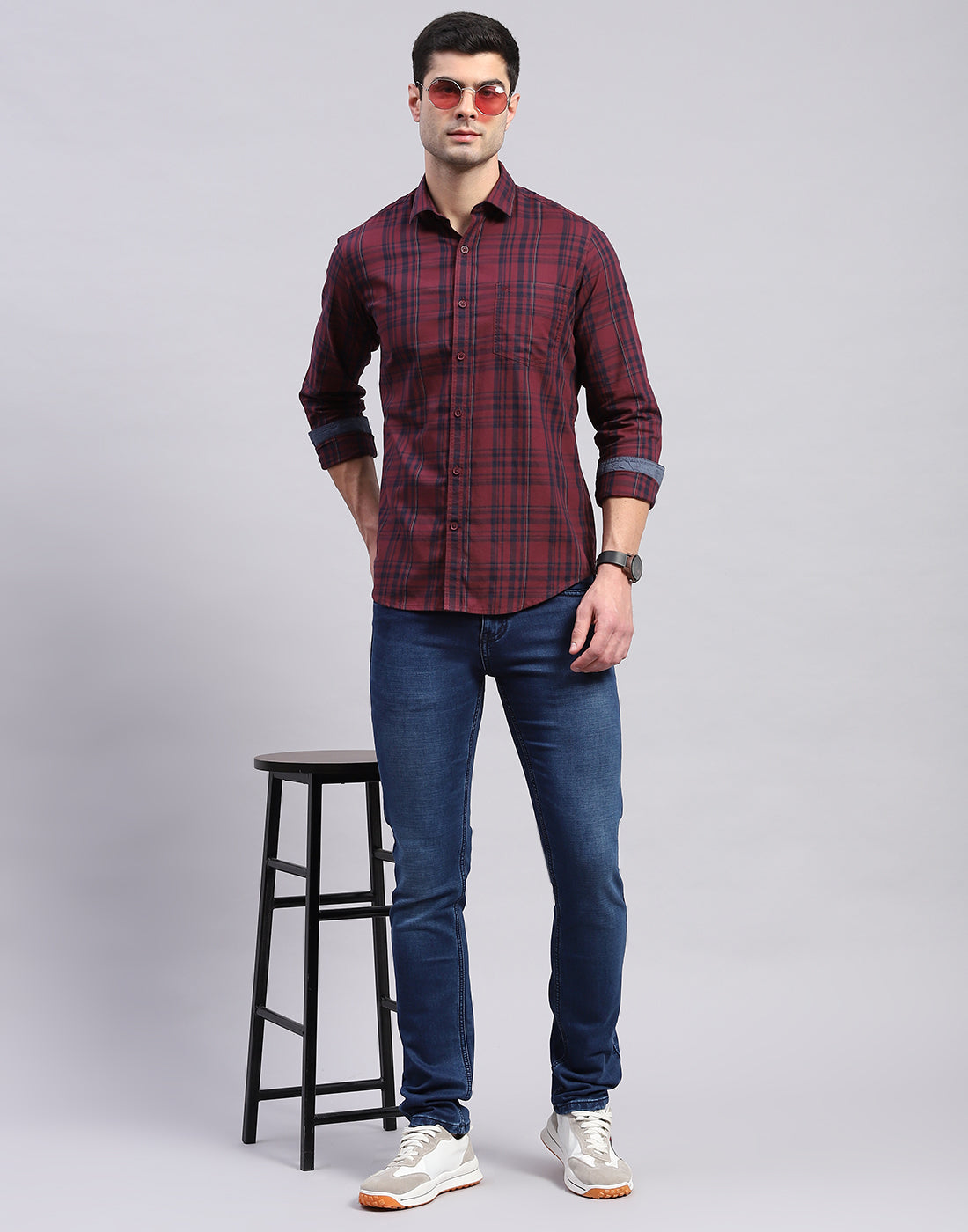 Men Maroon Check Collar Full Sleeve Shirt