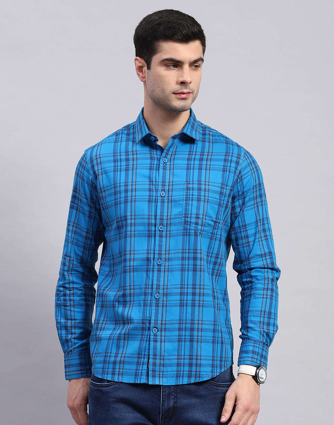 Men Blue Check Collar Full Sleeve Shirt