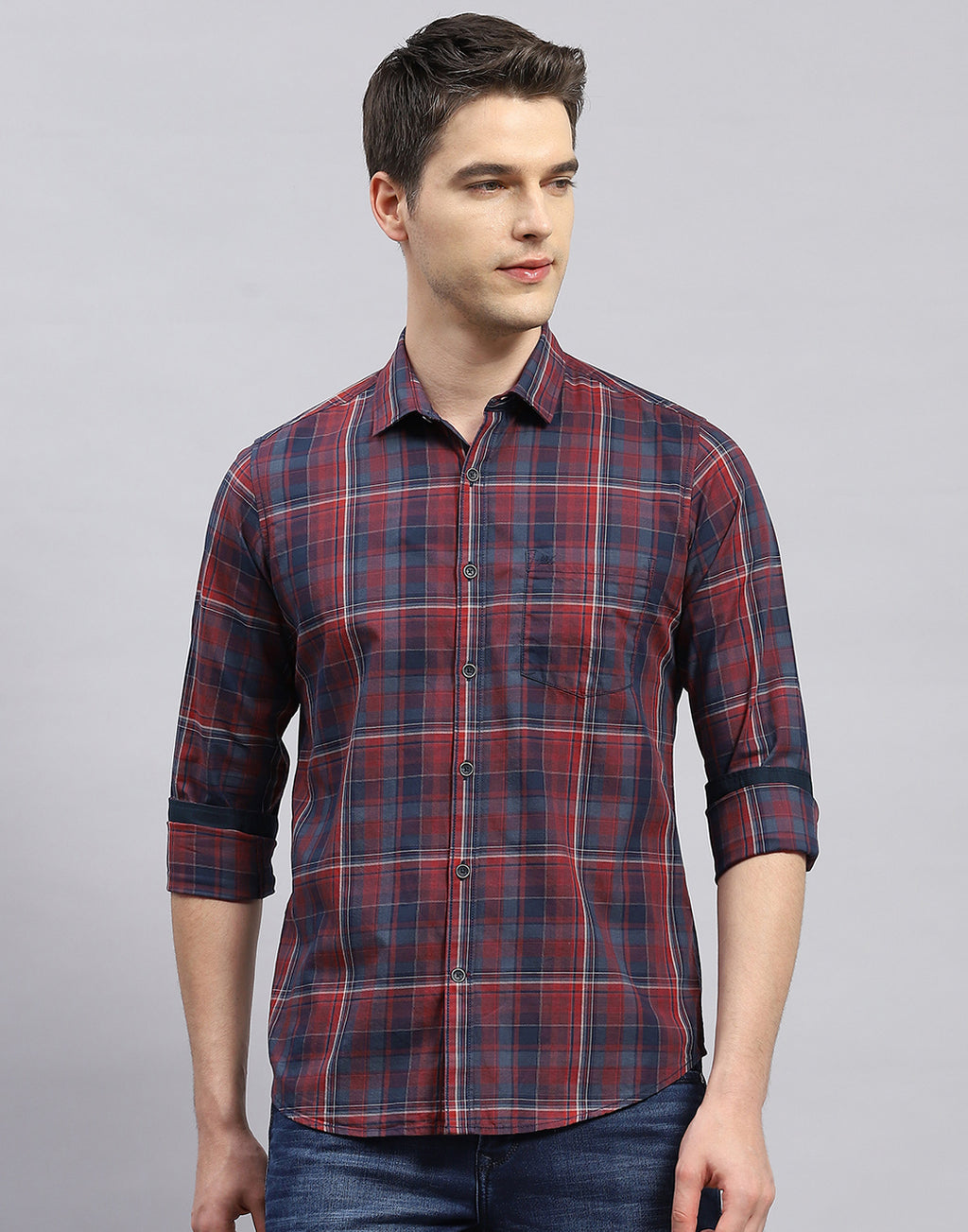 Men Red Check Collar Full Sleeve Shirt