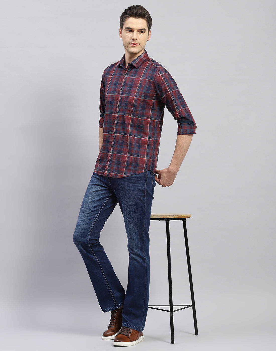 Men Red Check Collar Full Sleeve Shirt