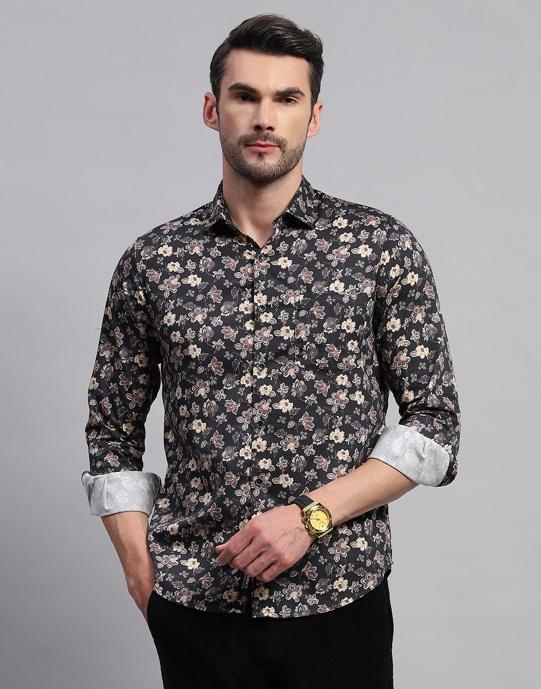 Men Black Floral Print Collar Neck Full Sleeve Shirt