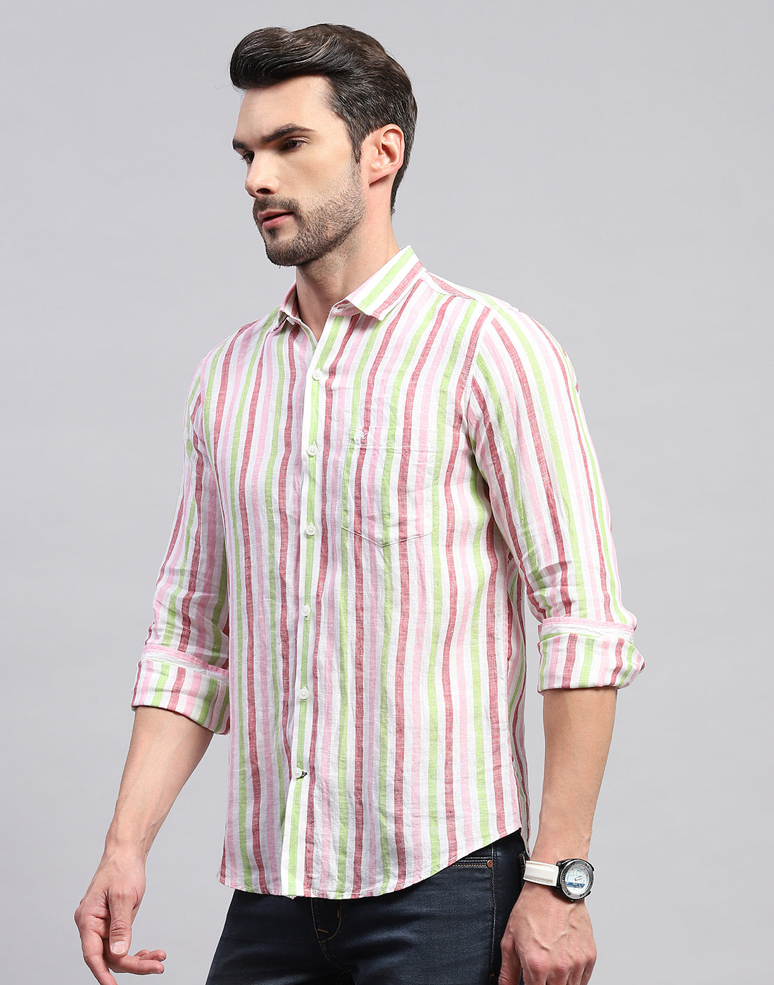 Men Red Stripe Collar Neck Full Sleeve Linen Shirt