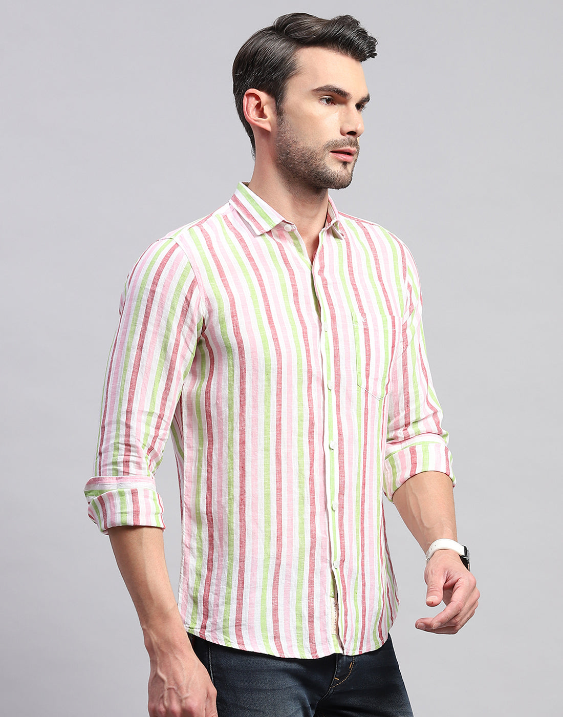 Men Red Stripe Collar Neck Full Sleeve Linen Shirt