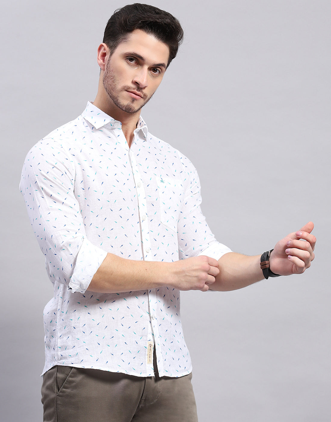 Men Aqua Blue Printed Collar Full Sleeve Linen Shirt